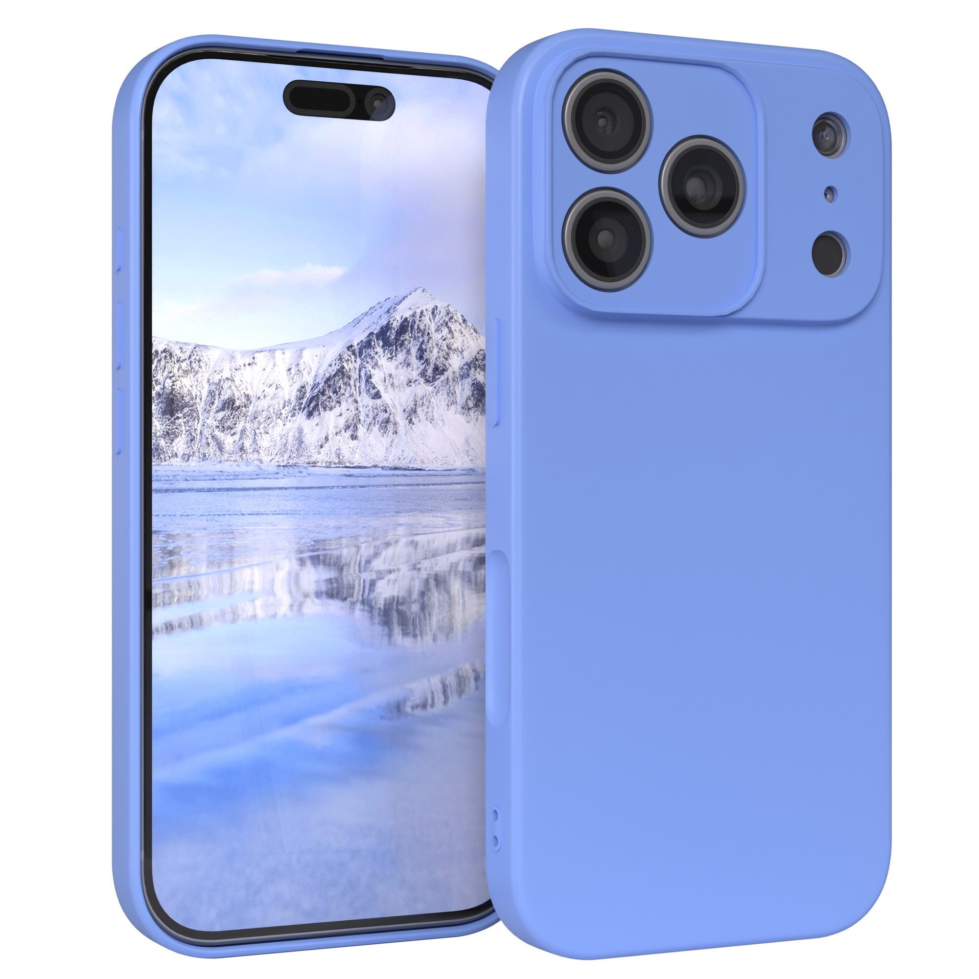 Ein Telefon in einer blauen Hülle zeigt eine schneebedeckte Berglandschaft. Die Hülle hat mehrere Kameralinsen.