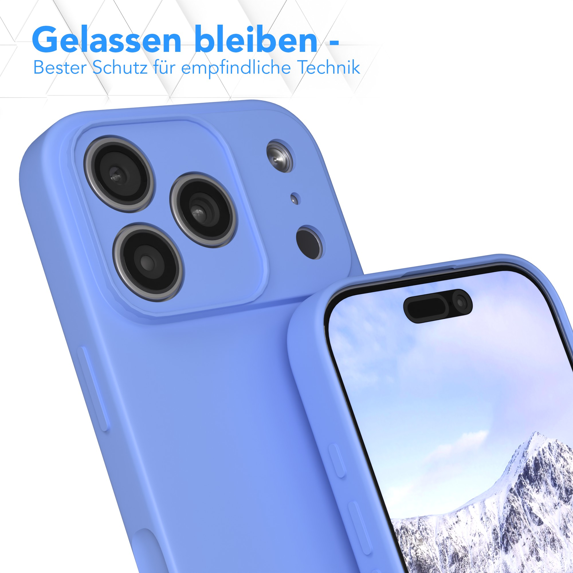 Zwei blaue Handyhüllen, eine mit einem Telefon, das eine Berglandschaft zeigt. Der Text lautet 'Gelassen bleiben'.