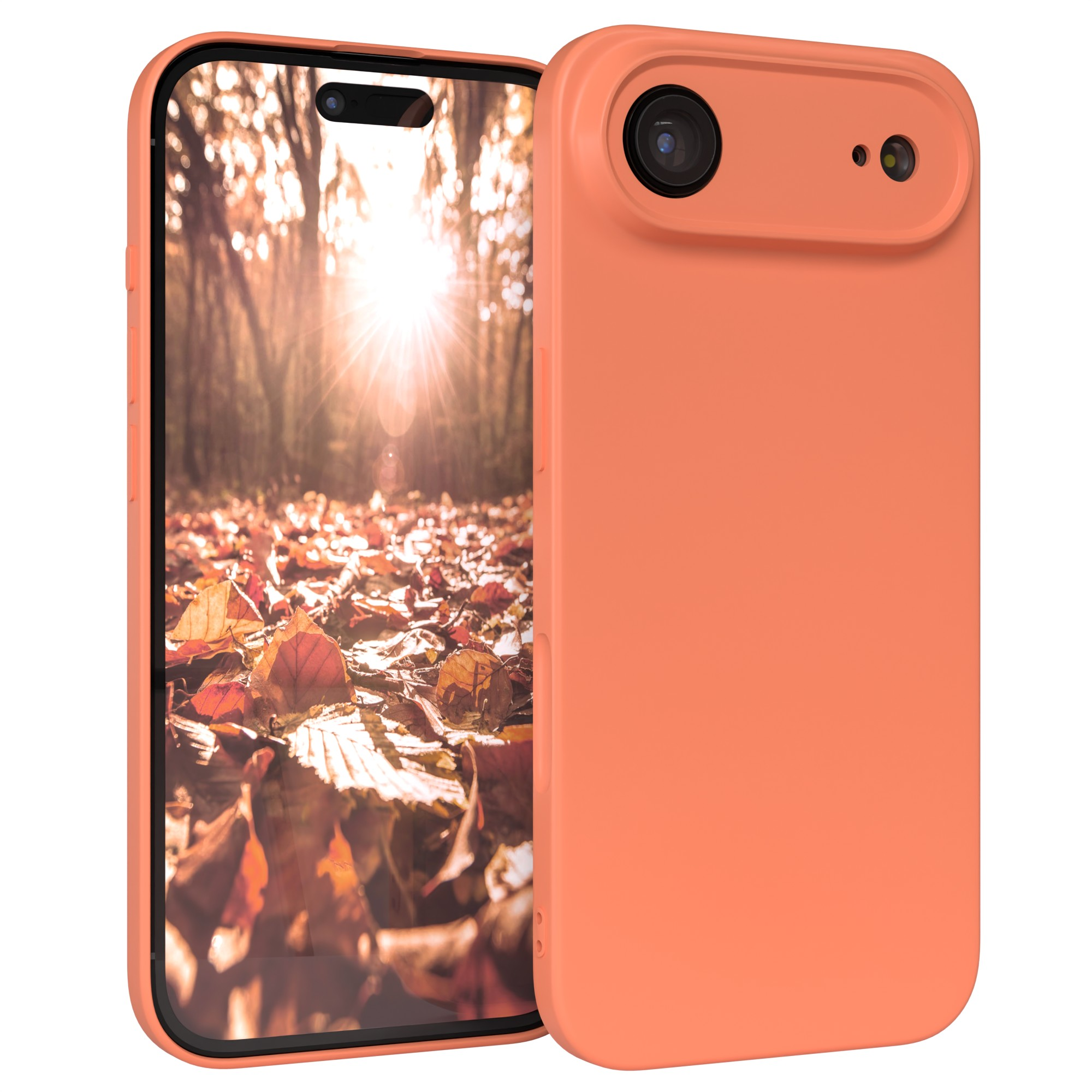 Eine orangefarbene Handyhülle mit einem Bildschirm, der einen Wald mit Herbstblättern und Sonnenlicht zeigt.