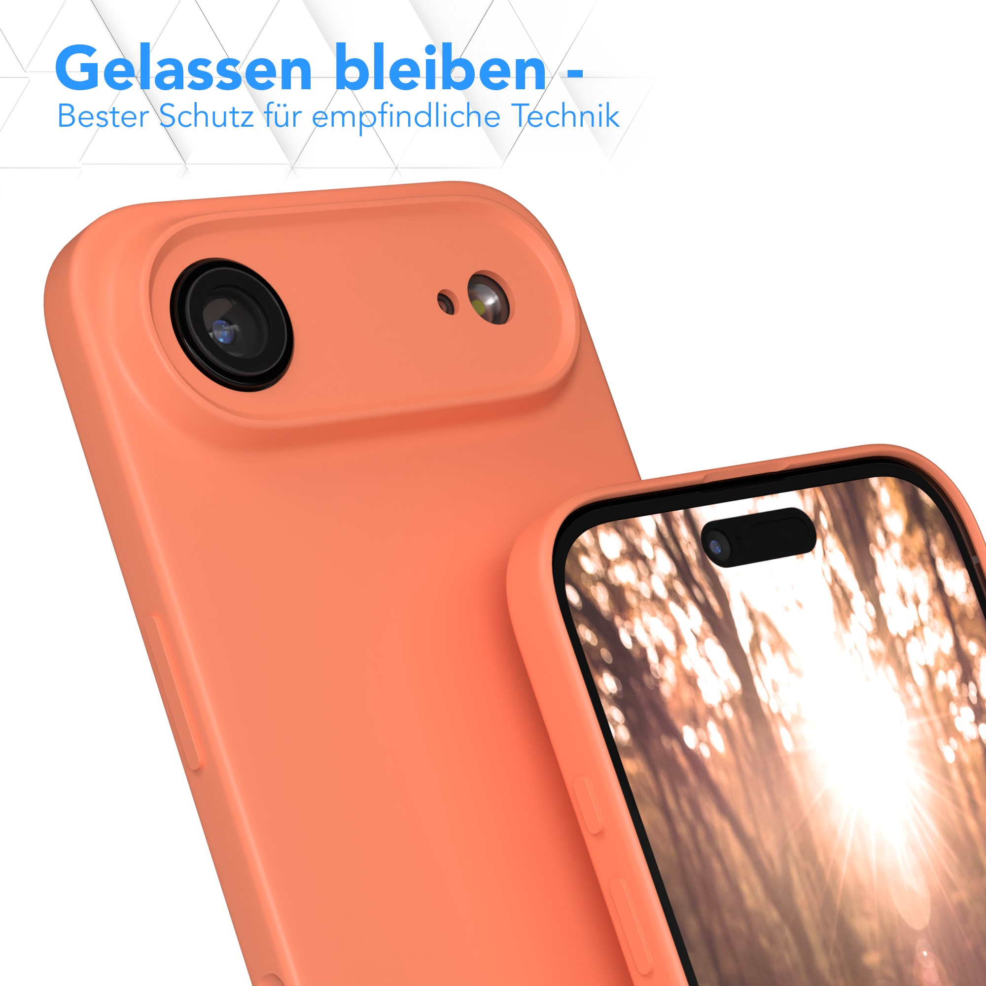 Nahaufnahme eines Telefons in einer orangefarbenen Hülle. Ein anderes Telefon zeigt eine helle Außenszene. Text auf Deutsch.