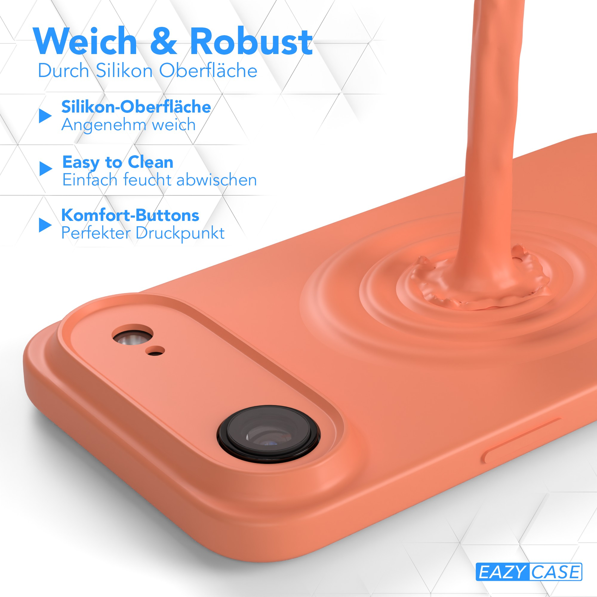 Eine orangefarbene Handyhülle mit Kamera, Flüssigkeit gießt darauf. Text auf Deutsch.