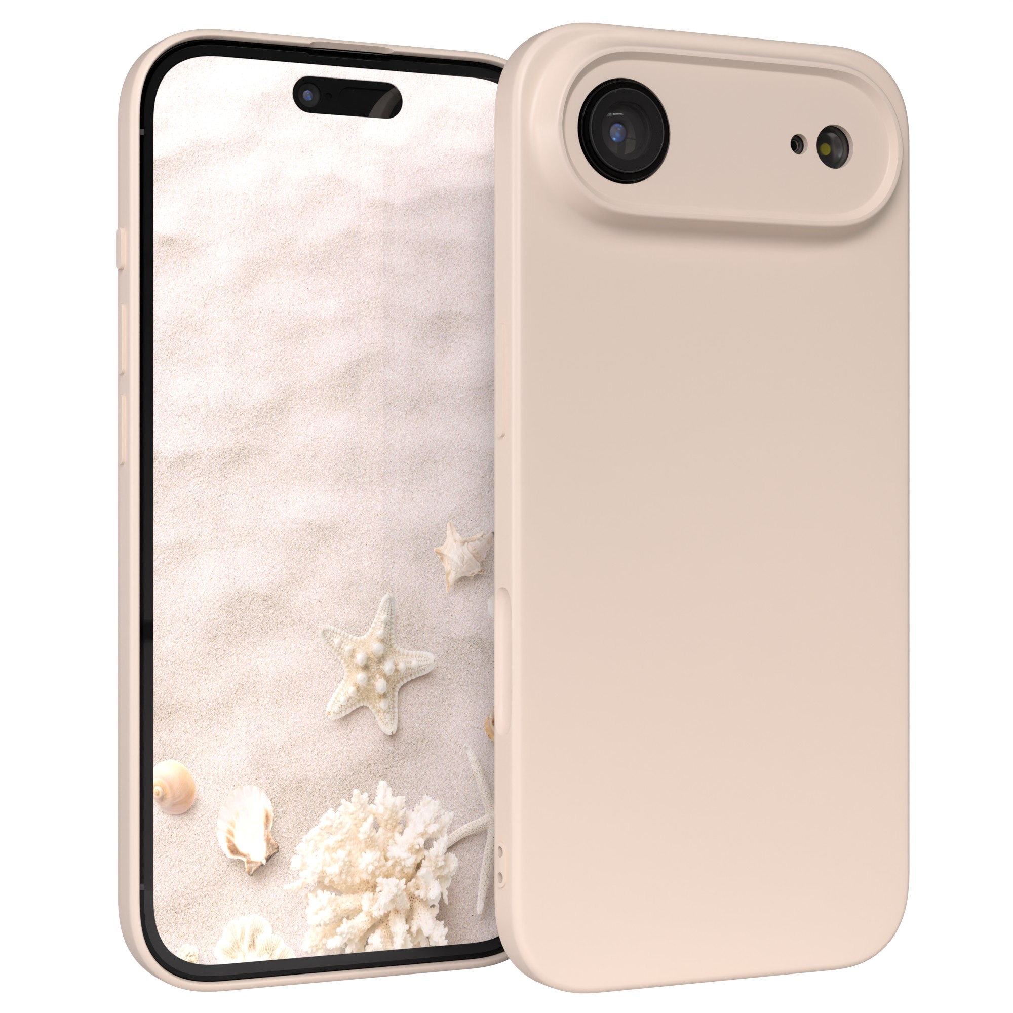 Ein Telefon in einer sandfarbenen Hülle. Der Bildschirm zeigt Sand, Muscheln und Seesterne.