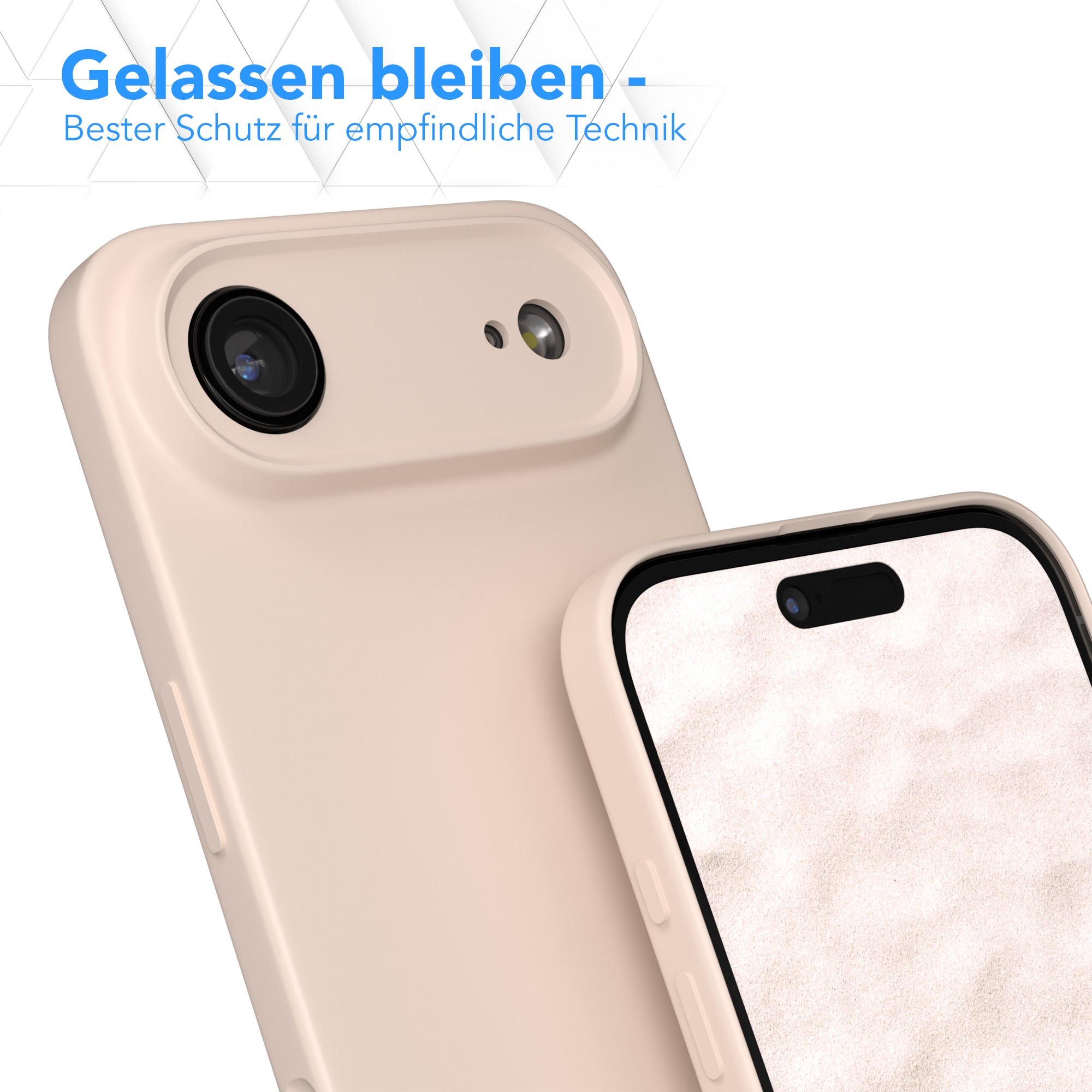 Zwei beige Handyhüllen, eine mit Kamera. Blauer Text: 'Gelassen bleiben - Bester Schutz für empfindliche Technik'.