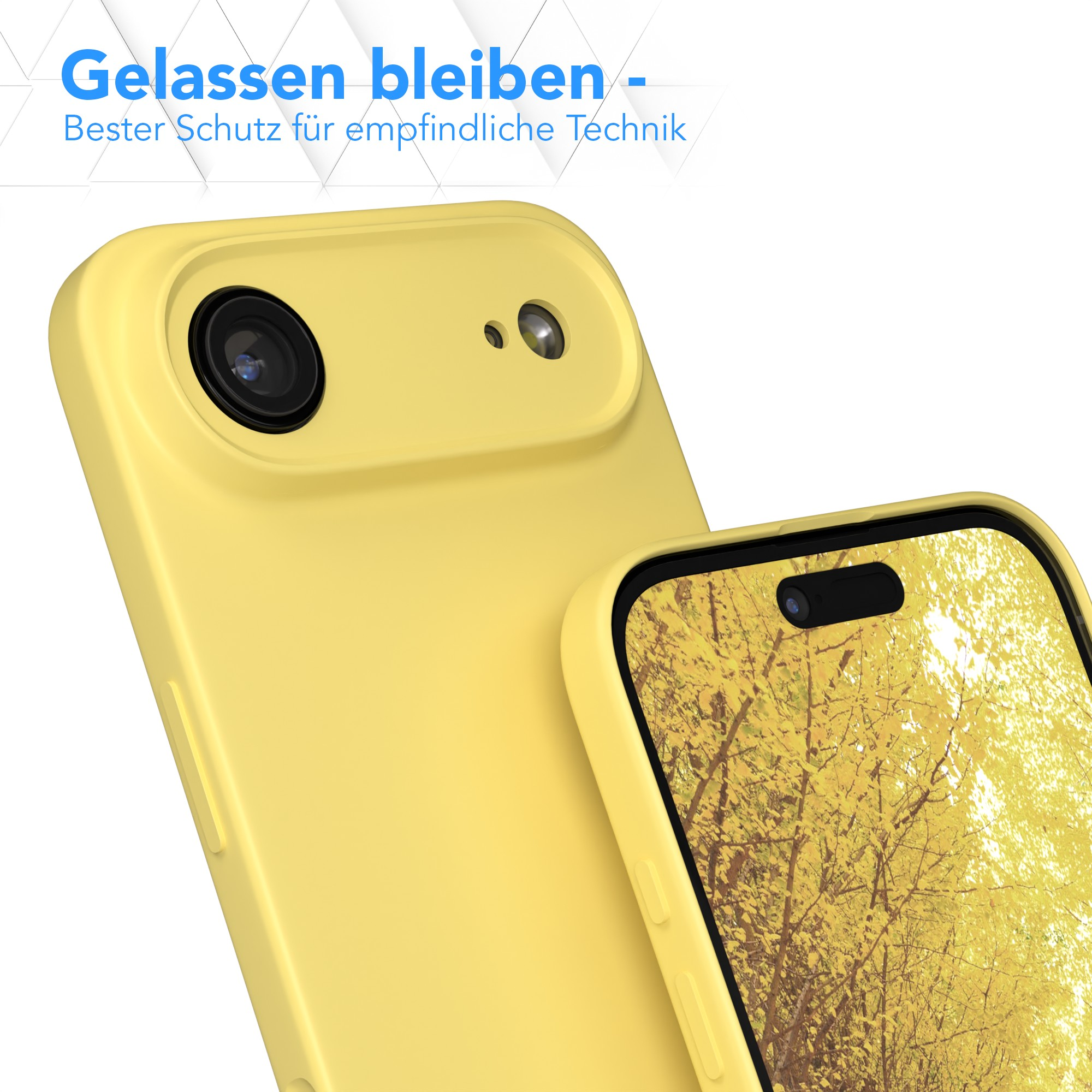 Gelbe Handyhülle mit einem Telefon, das eine gelbe Baumlandschaft zeigt. Der Text oben lautet „Gelassen bleiben“.