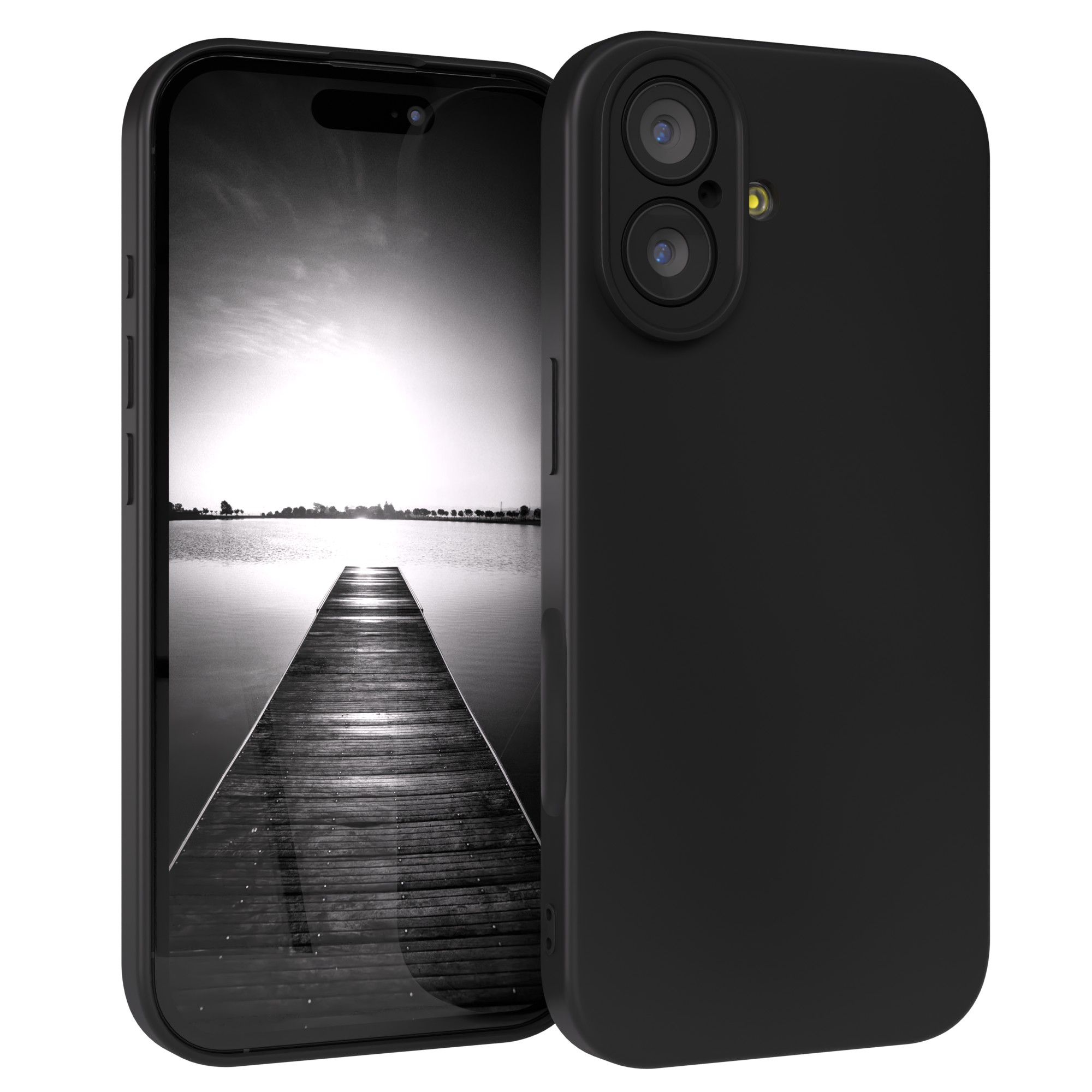 Schwarzes Smartphone mit Hülle, das einen Steg über einem See zeigt. Die Hülle hat Kameralinsen.