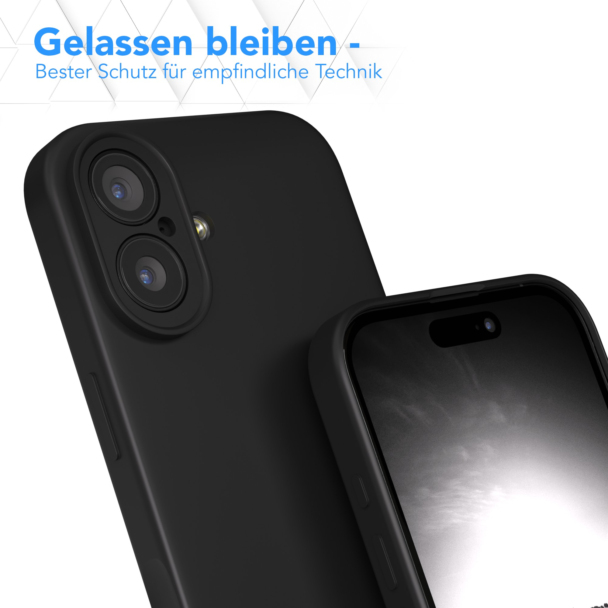 Nahaufnahme von zwei schwarzen Telefonen in Hüllen. Ein Telefon hat sichtbare Kameralinsen. Weißer Hintergrund mit blauem Text.