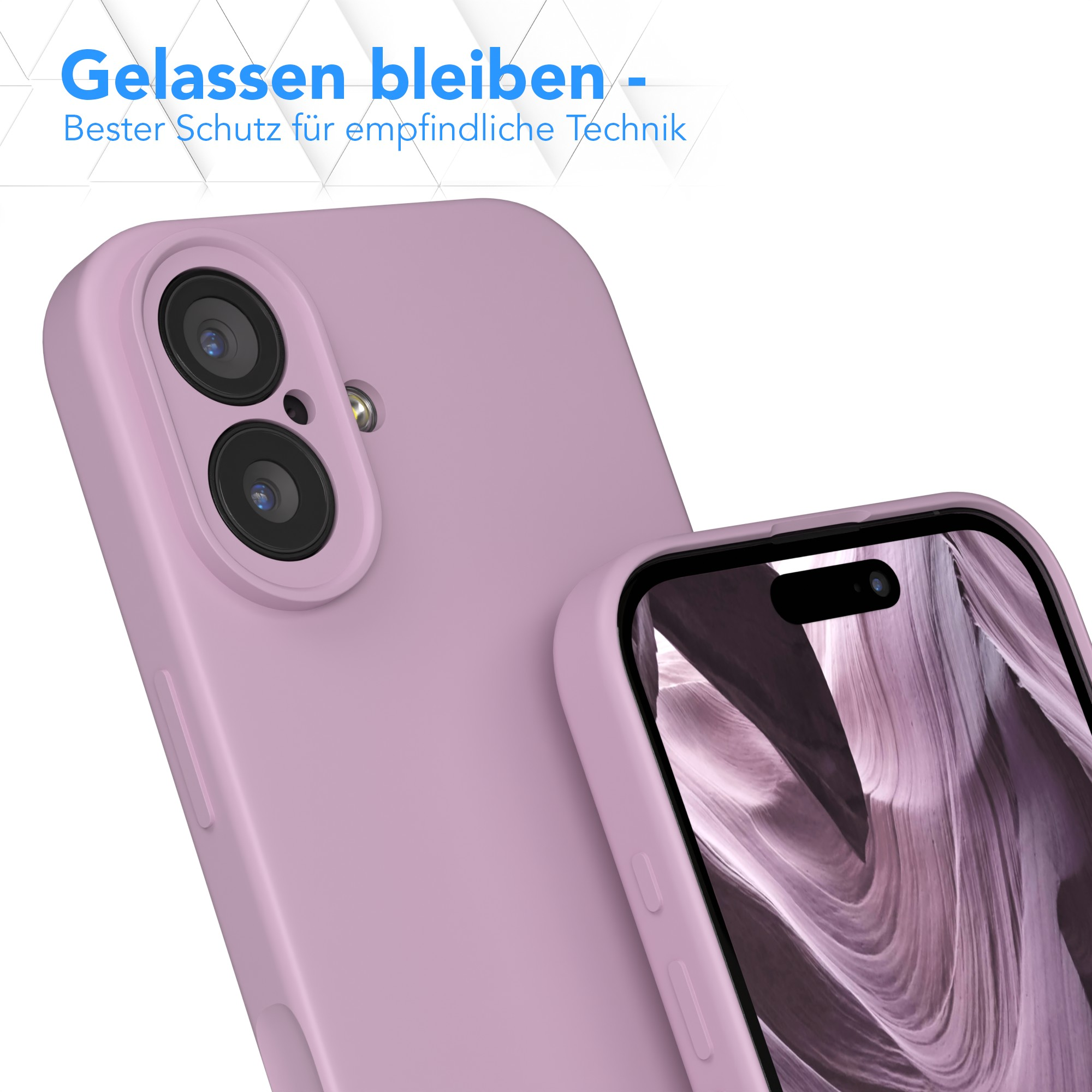 Nahaufnahme einer rosa Handyhülle mit einem Telefon darin. Die Hülle hat einen Kameraausschnitt. Text oben.