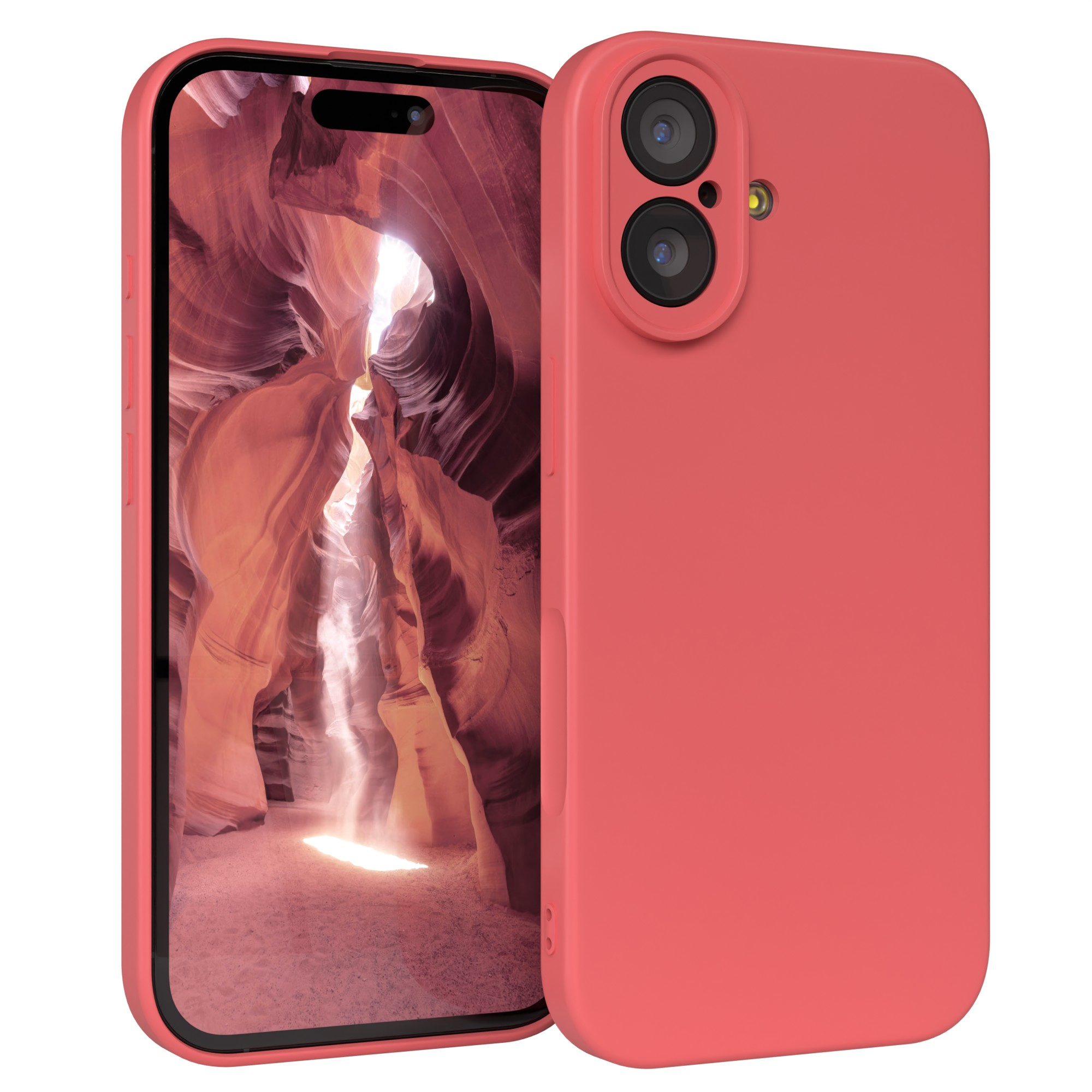 Eine korallenfarbene Handyhülle mit einem Telefon, das ein Canyonbild auf dem Bildschirm zeigt, eine Kameralinse.