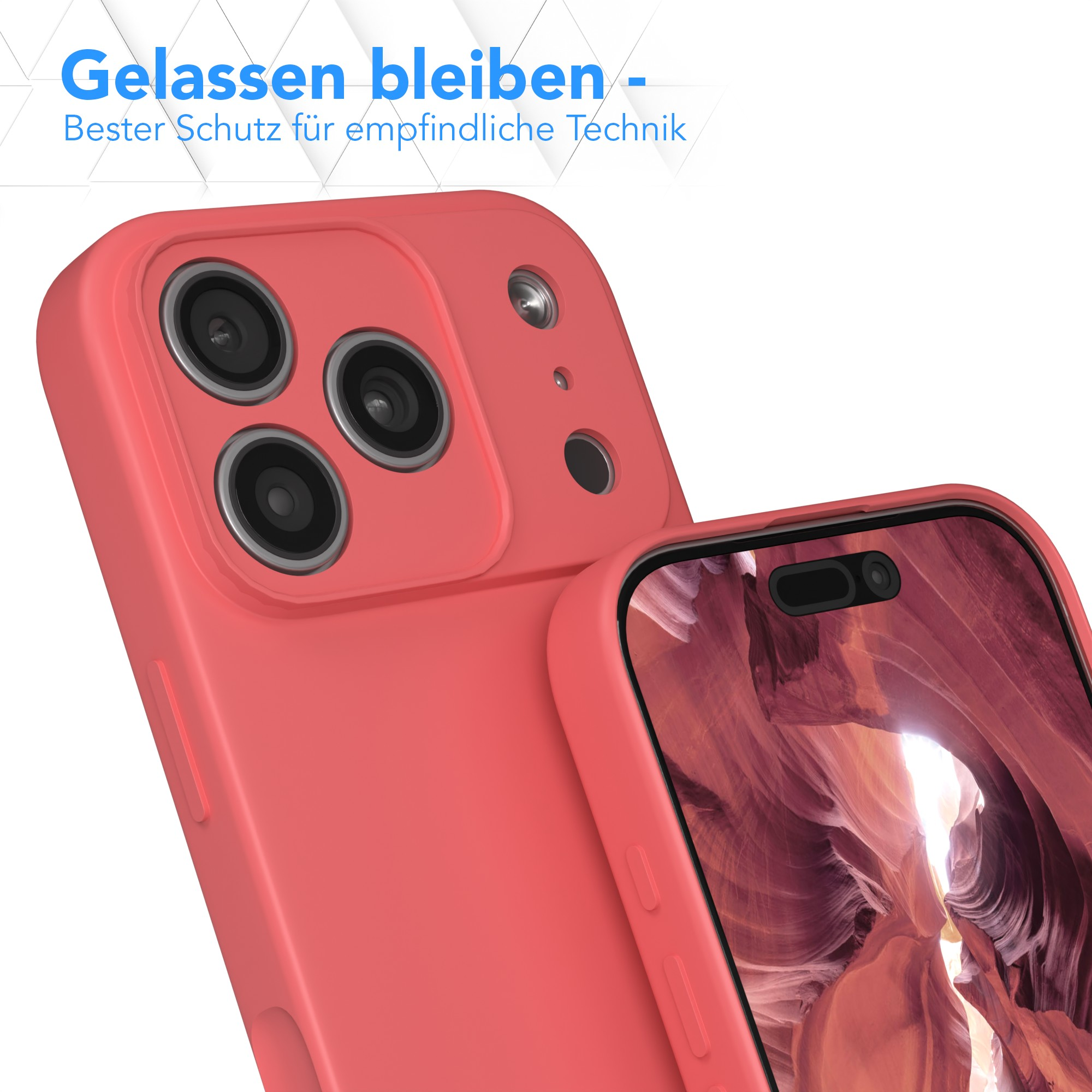 Nahaufnahme einer korallenfarbenen Handyhülle mit einem Handy, das ein Canyon-Bild zeigt. Text: 'Gelassen bleiben - Bester Schutz'.