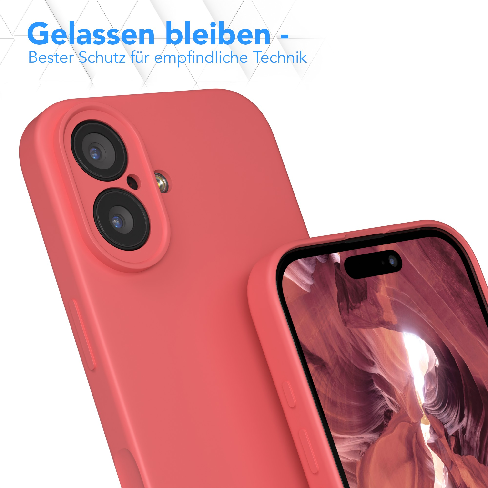 Eine korallenfarbene Handyhülle schützt ein Telefon. Der Bildschirm zeigt eine Landschaft. Blauer Text oben: 'Gelassen bleiben'.