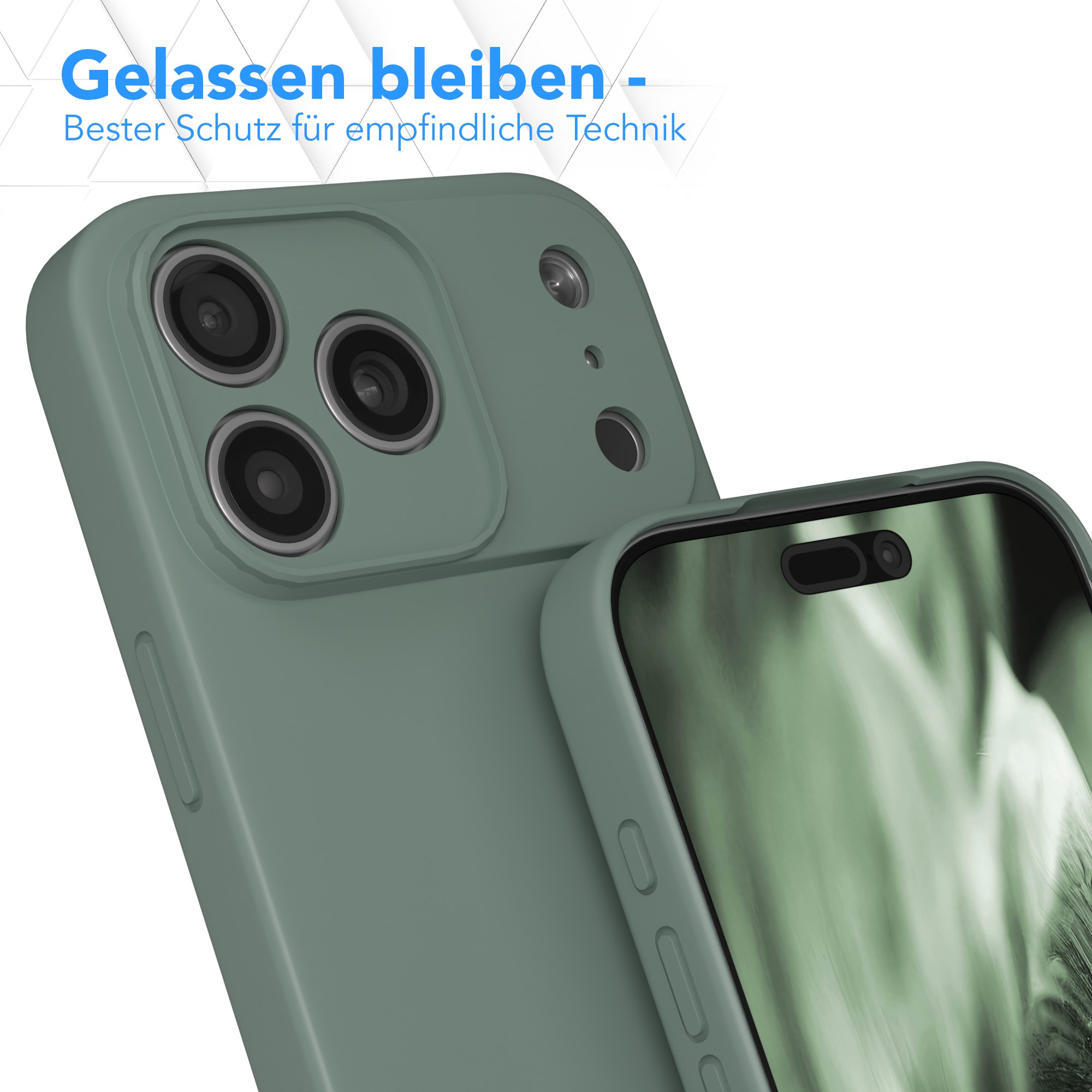 Nahaufnahme einer grünen Handyhülle mit einem Telefon. Die Hülle hat Kameraausschnitte und Tastenabdeckungen. Text steht oben.