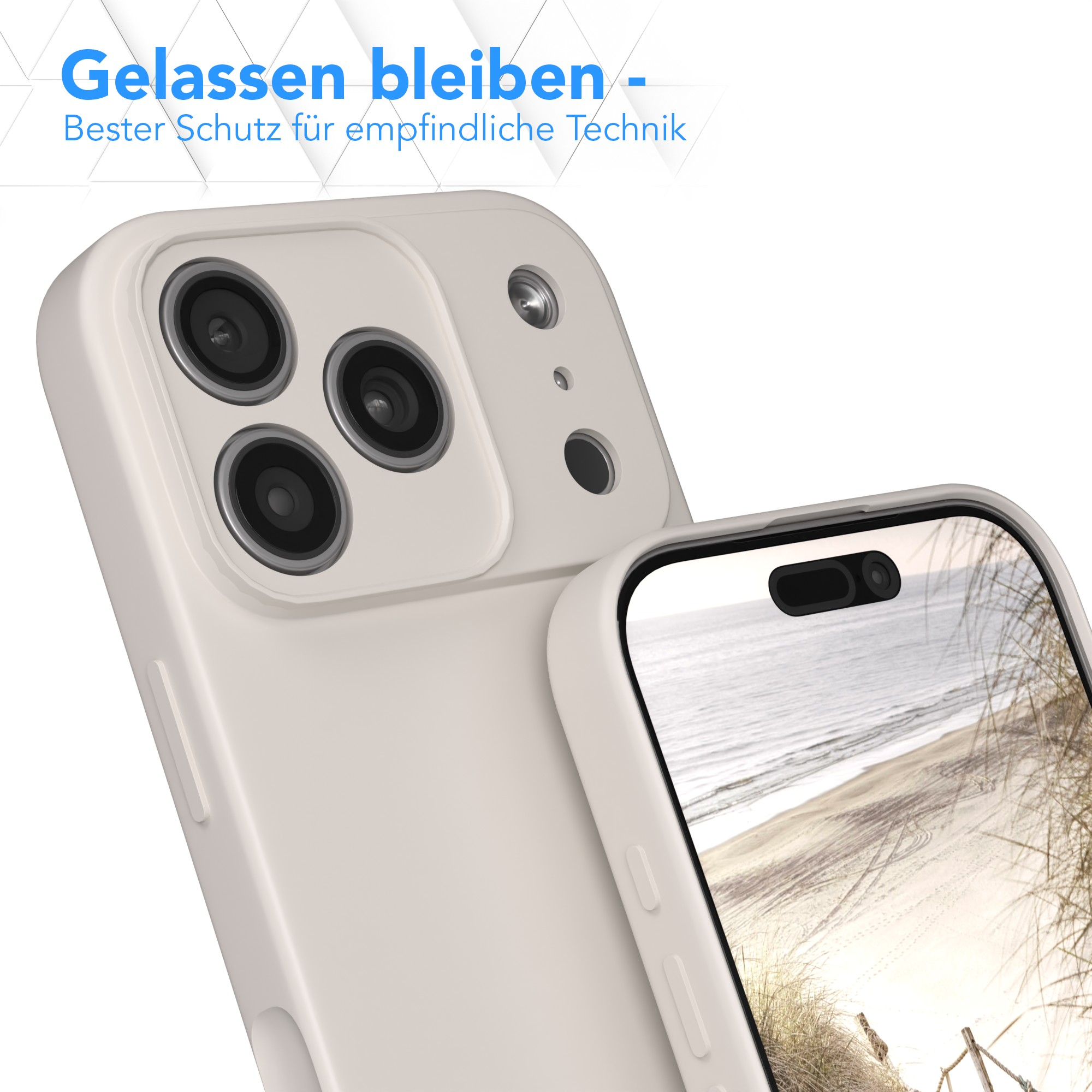 Eine beige Handyhülle mit mehreren Kameralinsen und einem Bildschirm, der eine Strandszene zeigt.