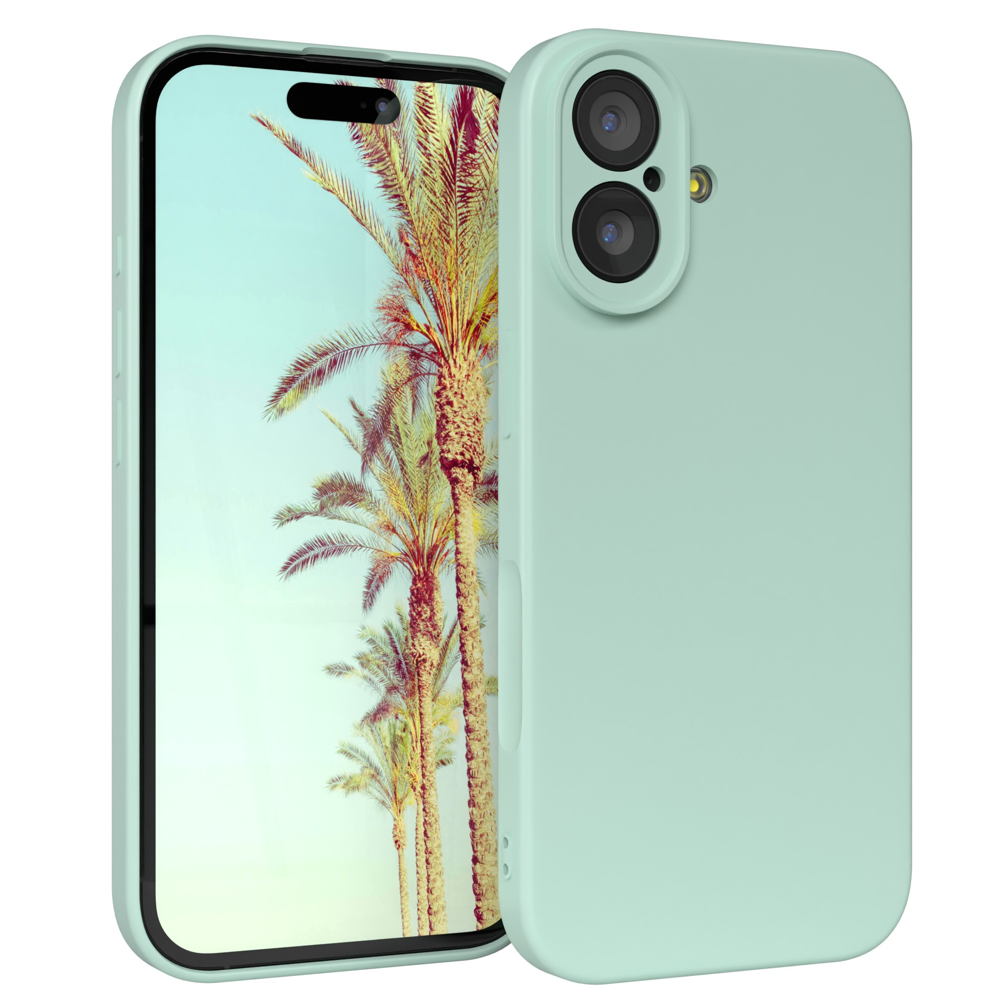 Eine mintgrüne Handyhülle mit einem Handy, das Palmen zeigt. Die Hülle hat Kameraausschnitte und Tasten.