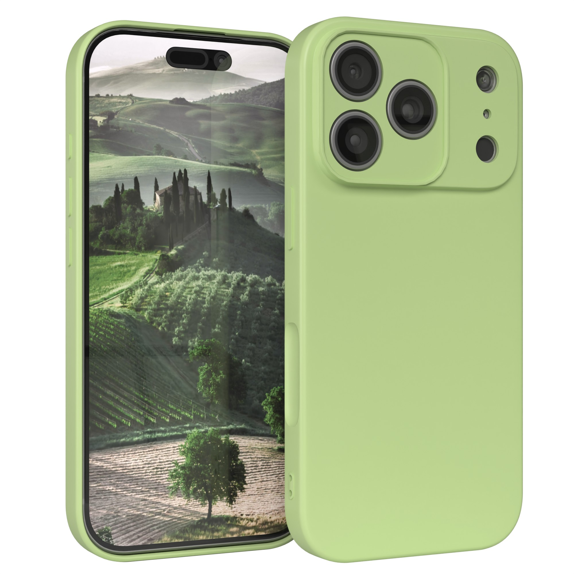 Eine grüne Telefonhülle mit einem Telefon, das eine Landschaft mit Bäumen und Feldern zeigt.