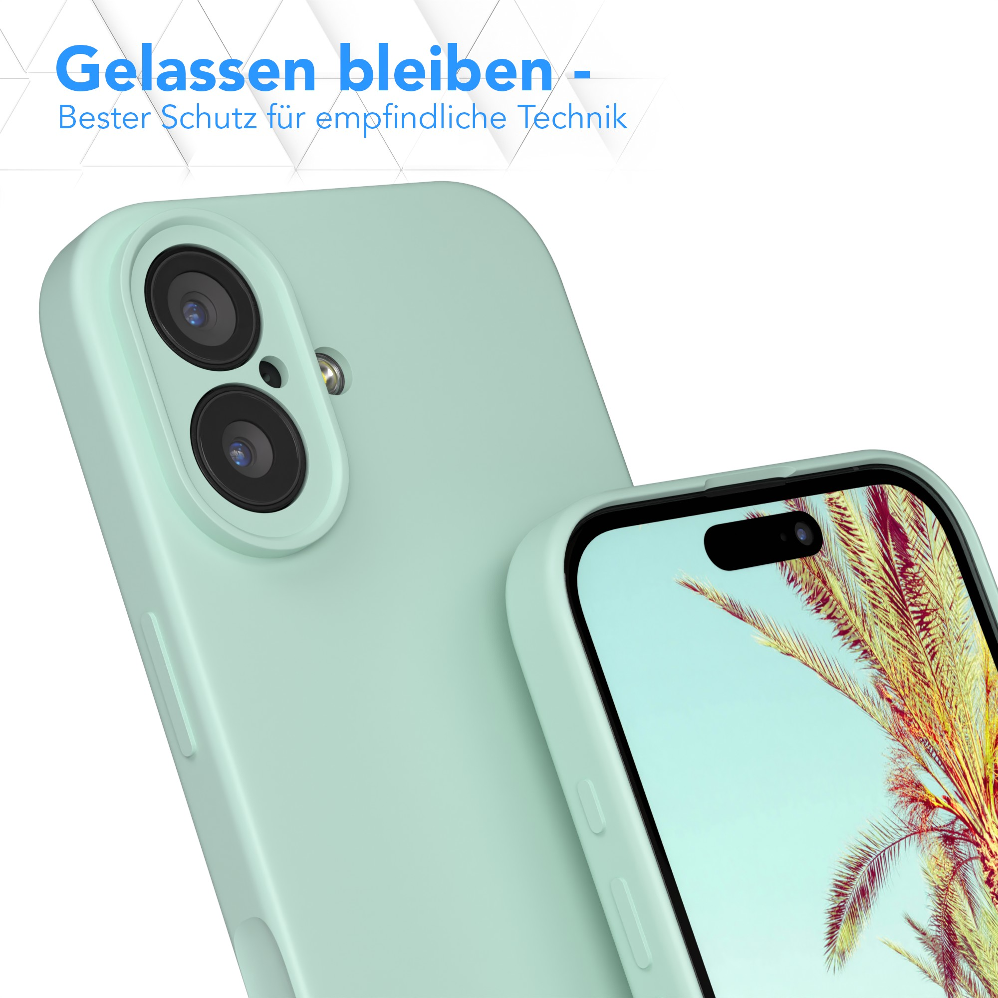 Eine mintgrüne Handyhülle mit einem Telefon. Der Bildschirm zeigt Palmenblätter vor blauem Himmel.