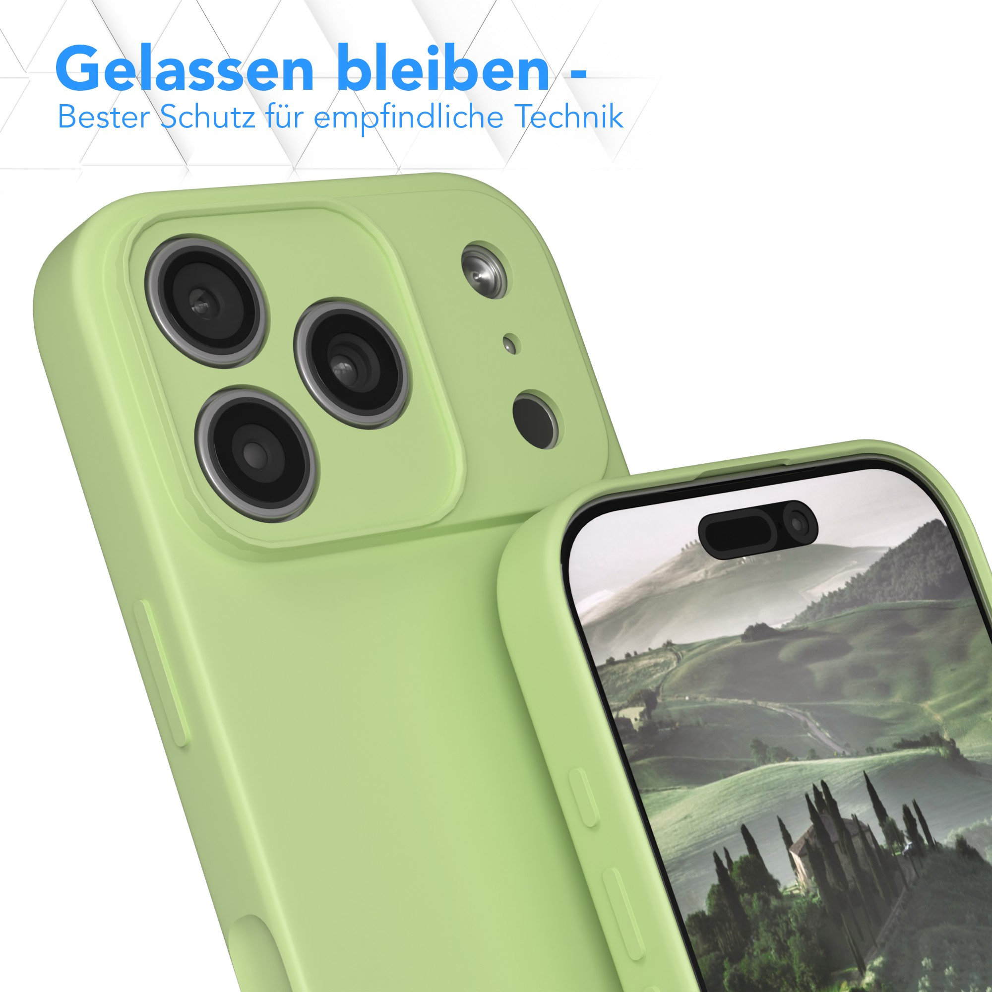 Eine grüne Handyhülle bedeckt teilweise ein Handy mit Landschaft. Text oben: 'Gelassen bleiben'.