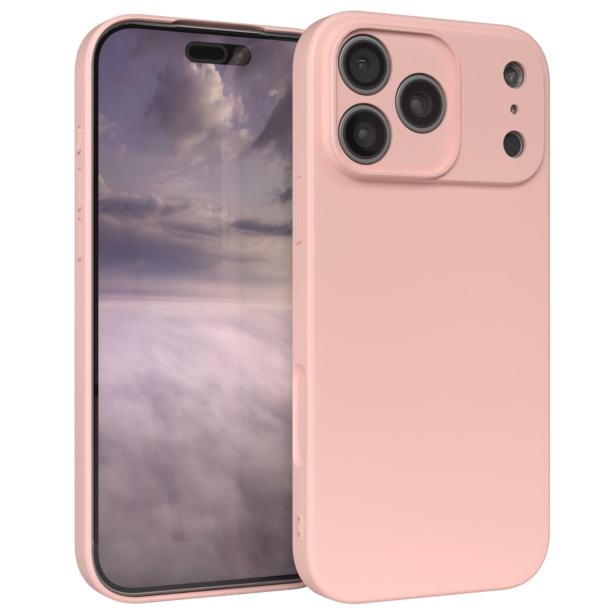 Ein rosafarbenes Telefon mit Hülle, der Bildschirm zeigt einen bewölkten Himmel. Die Hülle hat drei Kameralinsen.