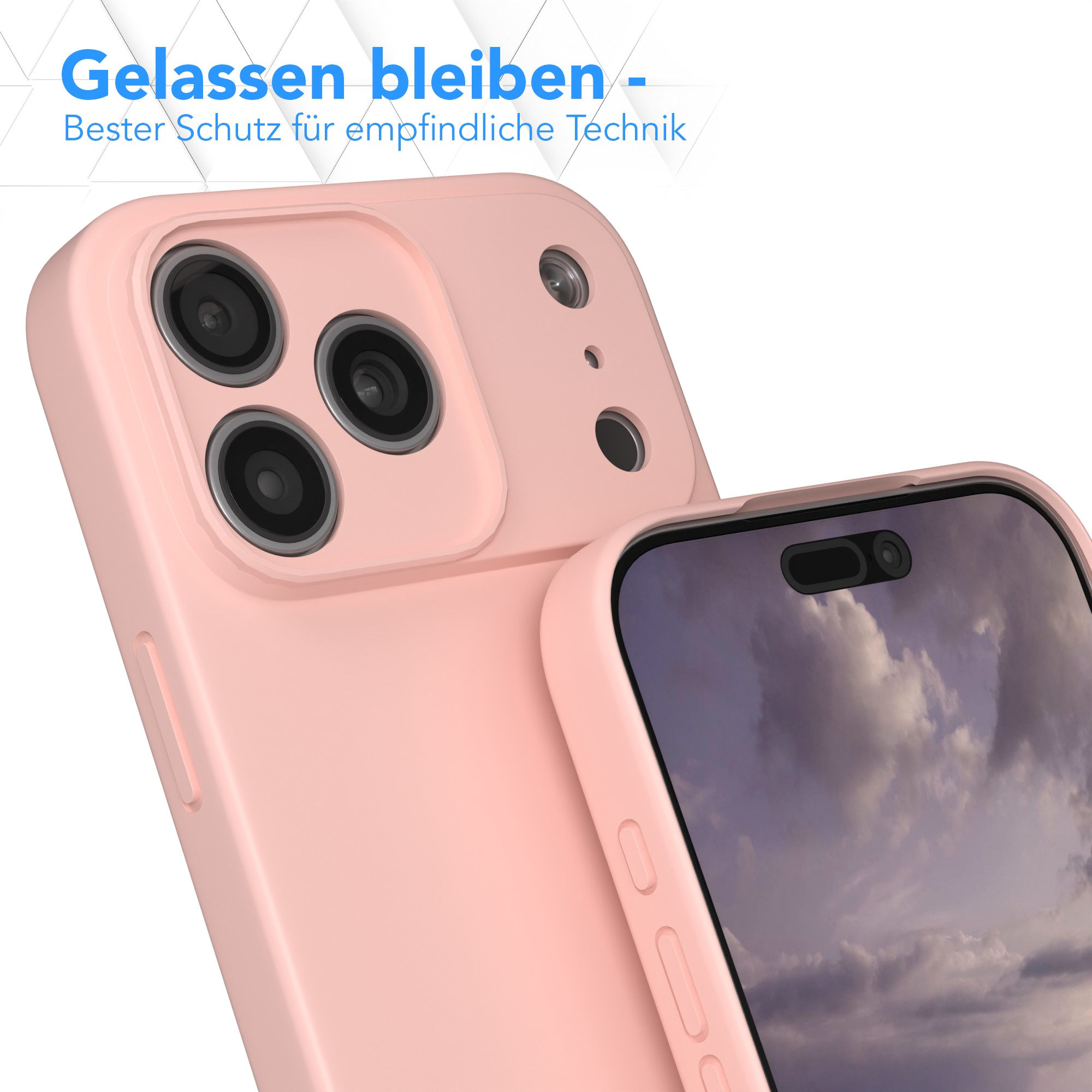 Rosa Handyhülle mit mehreren Kameralinsen und einem Displayschutz. Text auf Deutsch: 'Entspannt bleiben'.