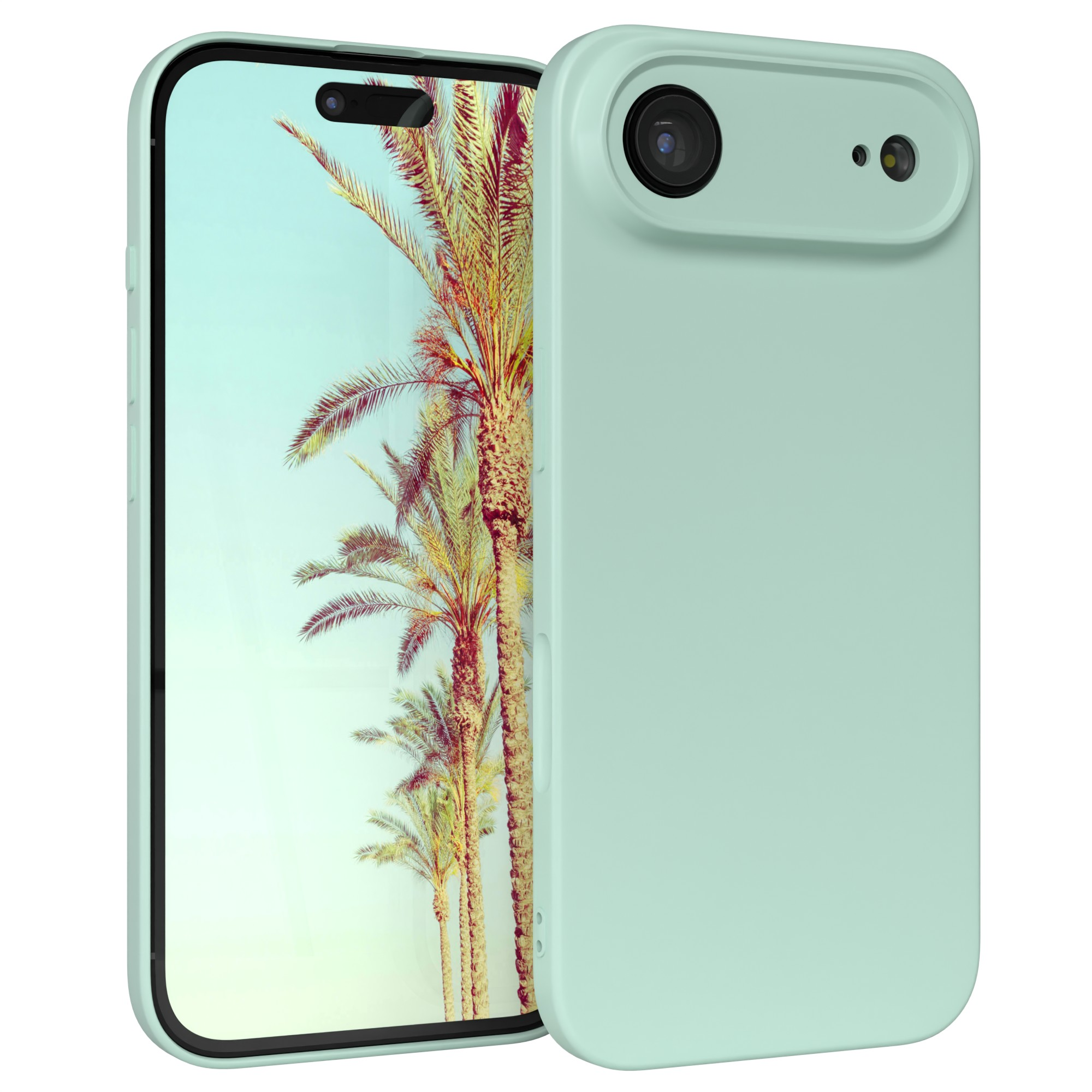 Ein mintgrünes Telefon mit Hülle. Der Bildschirm zeigt Palmen vor hellblauem Himmel.