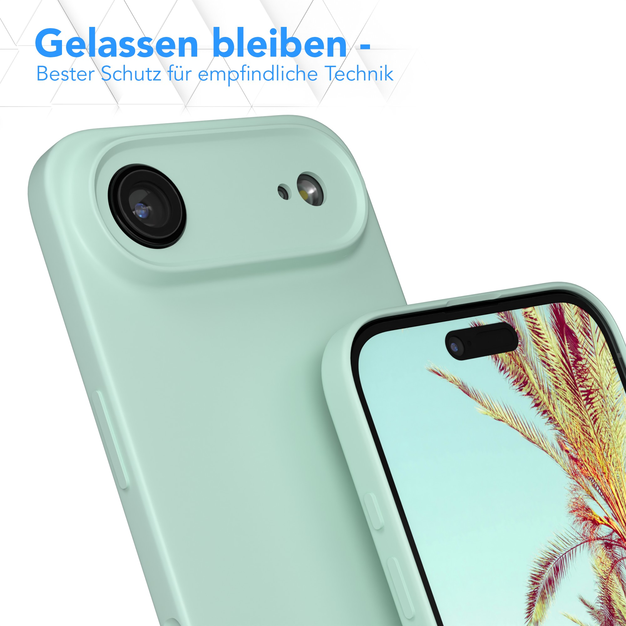Zwei mintgrüne Handyhüllen, eine mit einem Telefon darin. Text: 'Gelassen bleiben - Bester Schutz für empfindliche Technik'.