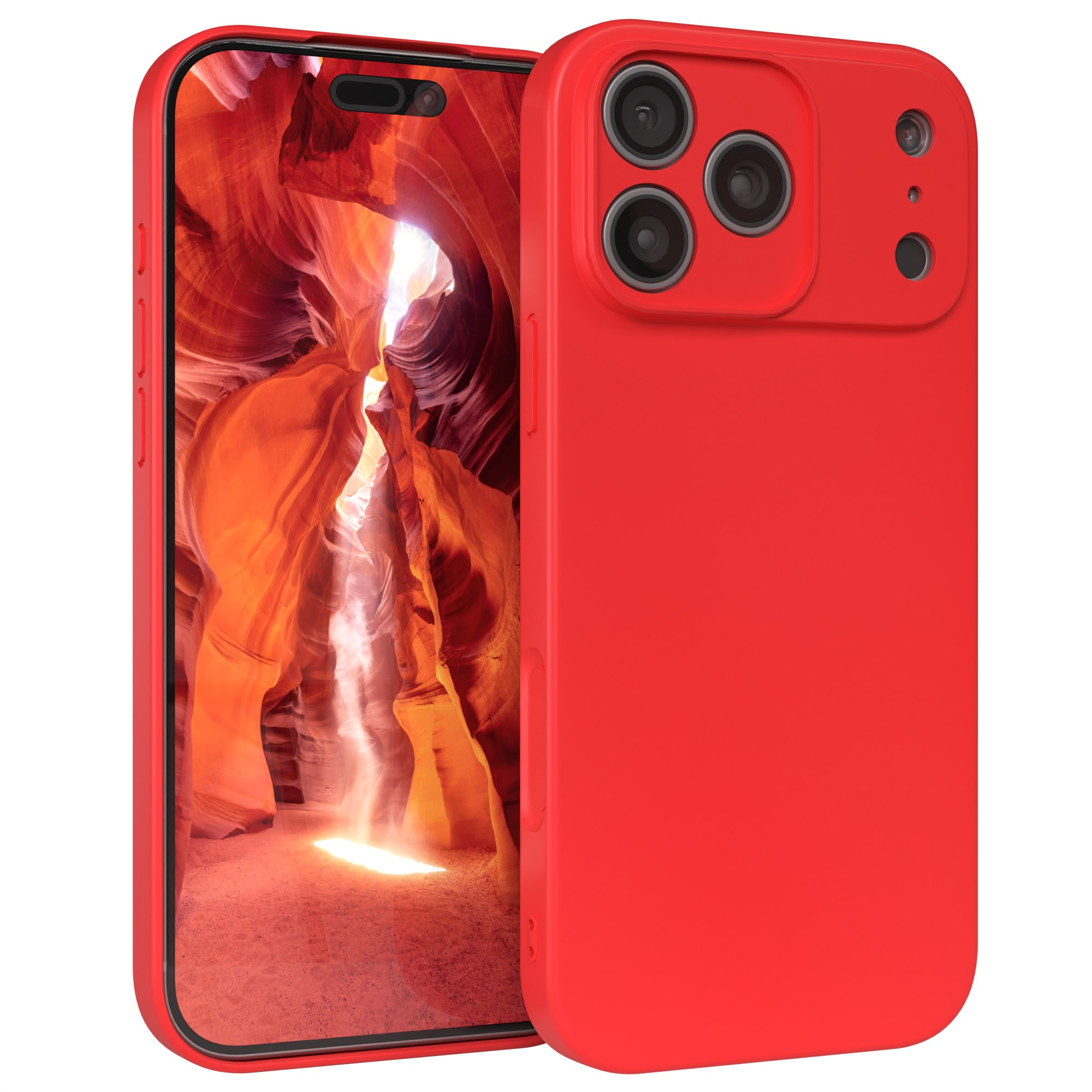 Eine rote Handyhülle mit einem Telefon, das eine Schluchtszene zeigt. Die Hülle hat drei Kameralinsen.