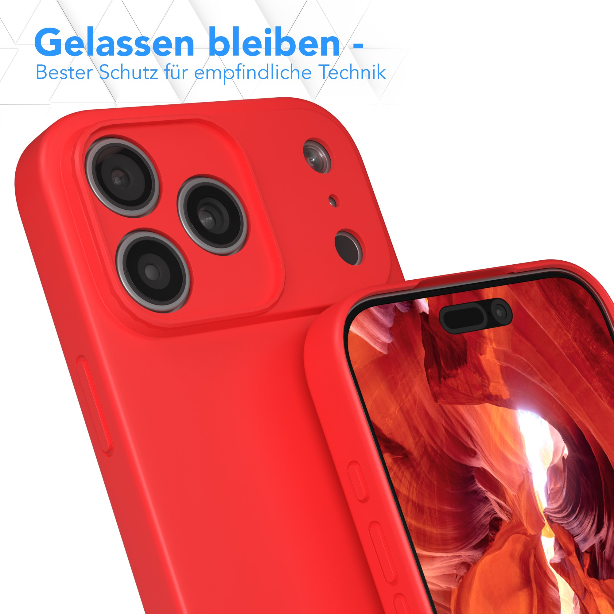 Rote Handyhülle mit Kameraausschnitten und ein Handy mit Canyon-Bild auf weißem Hintergrund.
