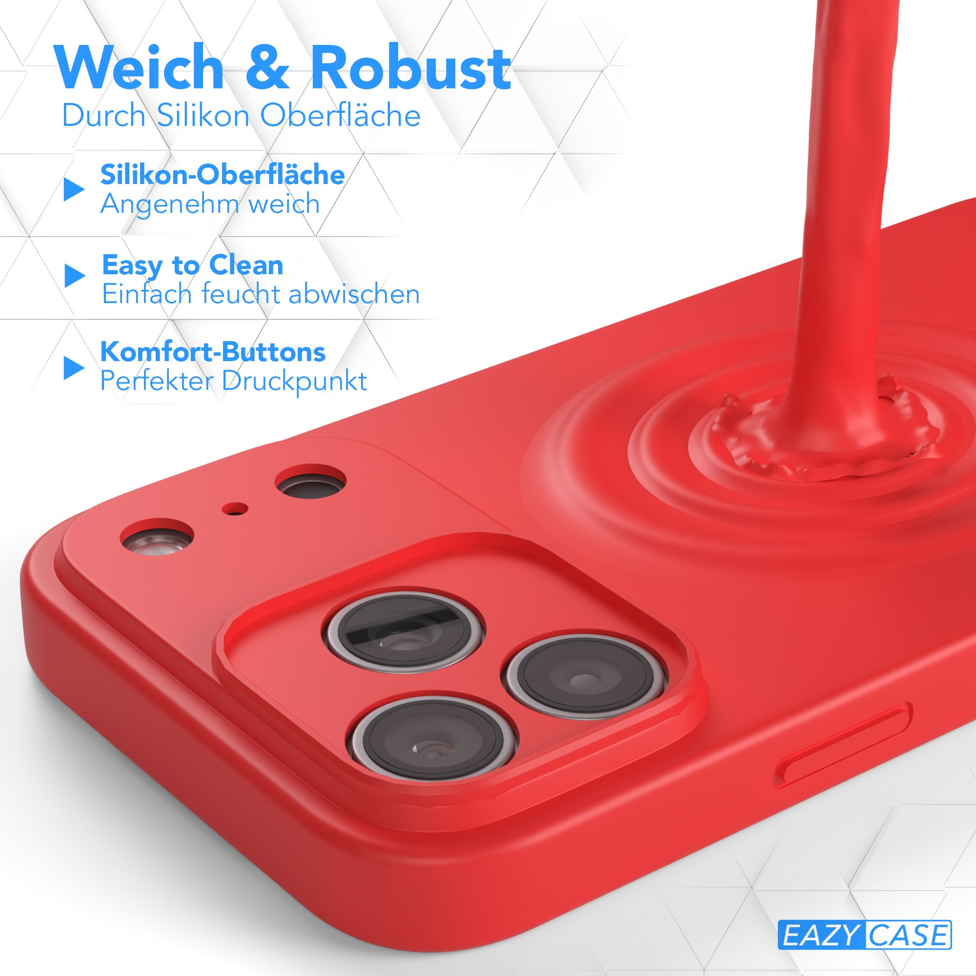 Eine rote Handyhülle mit flüssigem Design, mit Kameraausschnitten, Text über Silikon und einfache Reinigung.