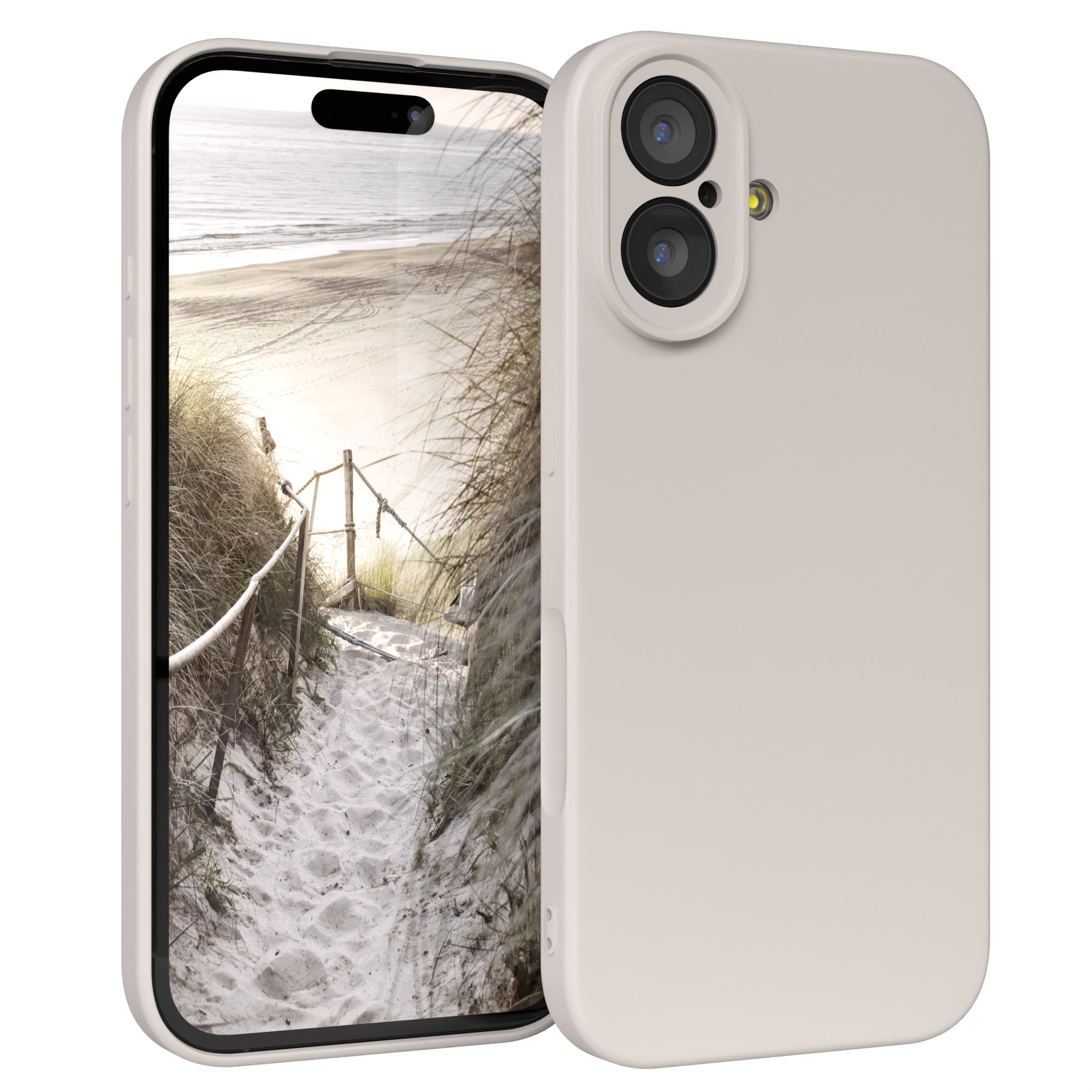 Ein Telefon in einer hellen Hülle zeigt eine Strandszene. Das Telefon befindet sich neben seiner Hülle. Der Strand hat einen Pfad und Dünengras.