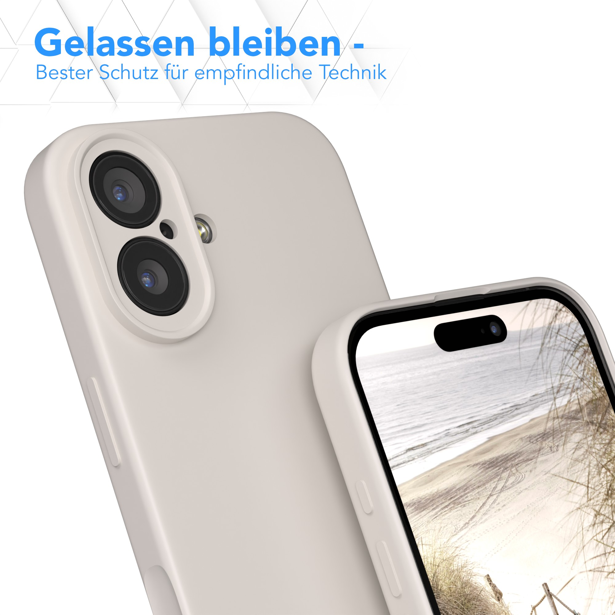 Zwei Telefone in cremefarbenen Hüllen. Eines zeigt eine Strandszene. Der Text oben lautet: 'Entspannt bleiben - Bester Schutz für sensible Technik'.