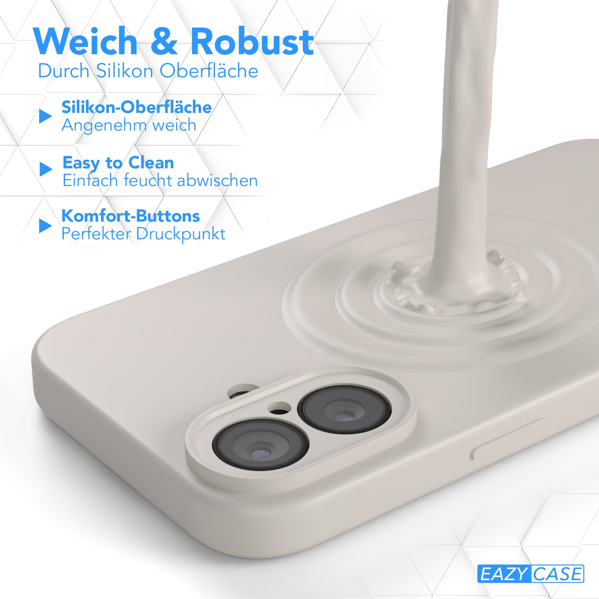Ein Handycase mit Flüssigkeitsspritzer. Text hebt Eigenschaften hervor: weiches Silikon, leicht zu reinigen, Komfort-Tasten.