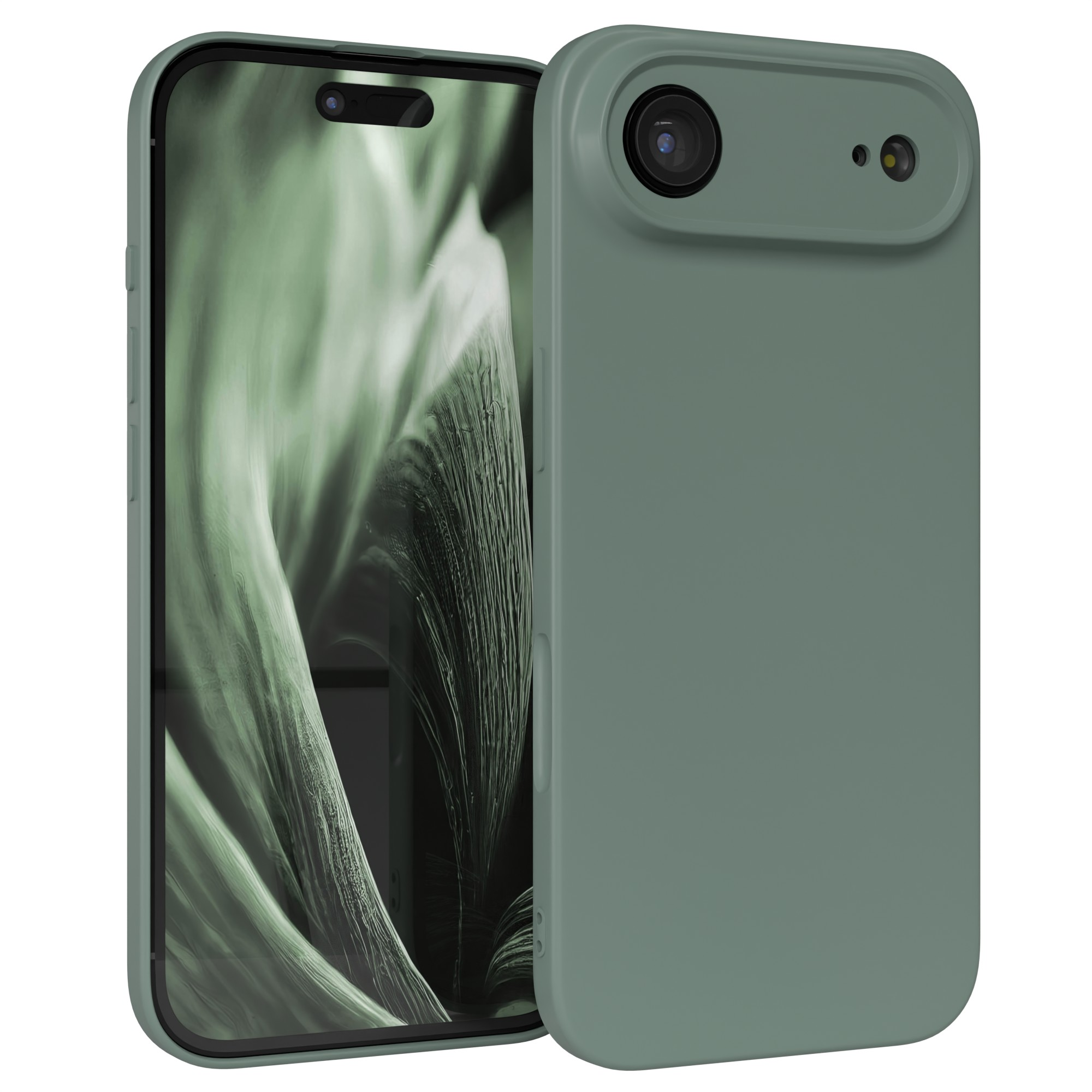 Grünes Telefon mit Schutzhülle. Der Bildschirm zeigt ein grünes abstraktes Bild.