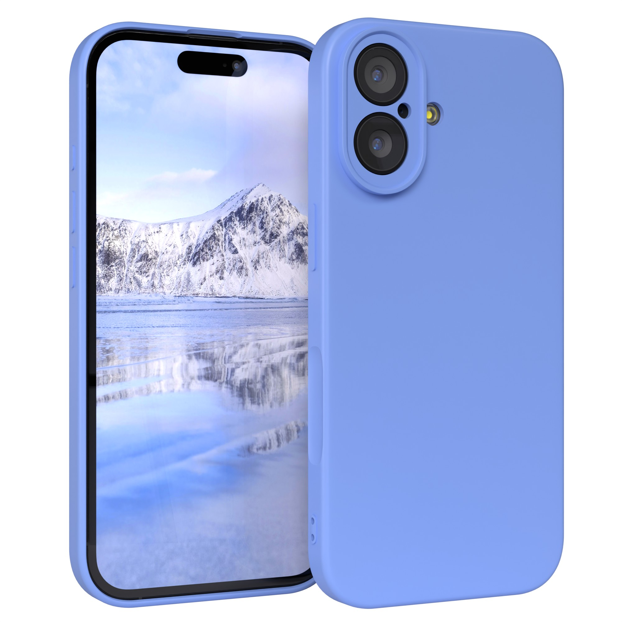 Ein Telefon in einer blauen Hülle zeigt eine schneebedeckte Berglandschaft. Die Hülle hat zwei Kameralinsen.