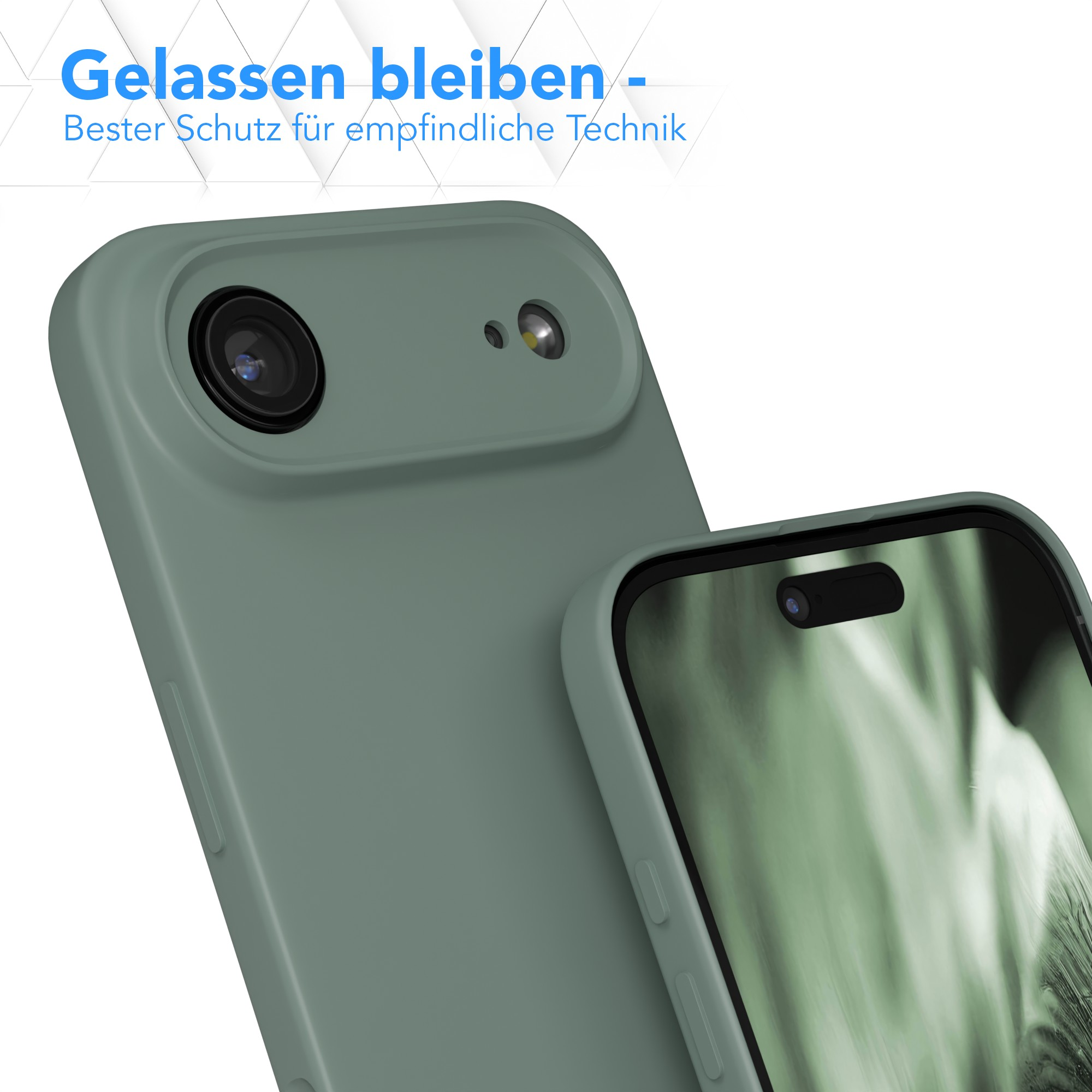 Nahaufnahme einer grünen Handyhülle mit einem Handy darin. Das Handy hat einen Bildschirm mit grünem, verschwommenem Hintergrund.
