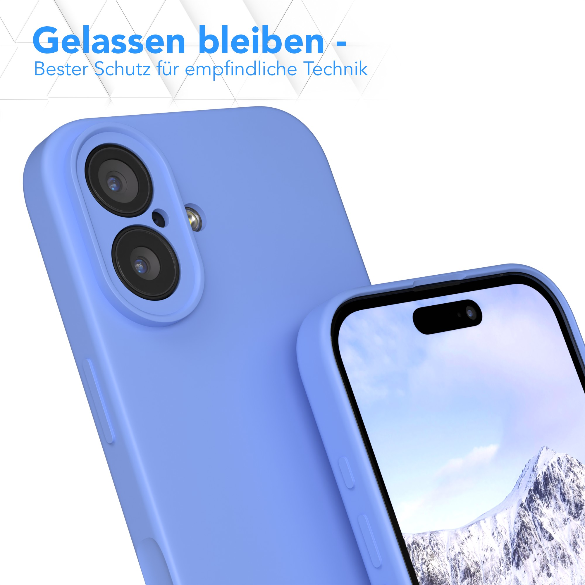 Eine blaue Handyhülle mit einem Telefon darin. Das Telefon zeigt eine Bergszene. Text: Gelassen bleiben - Bester Schutz.