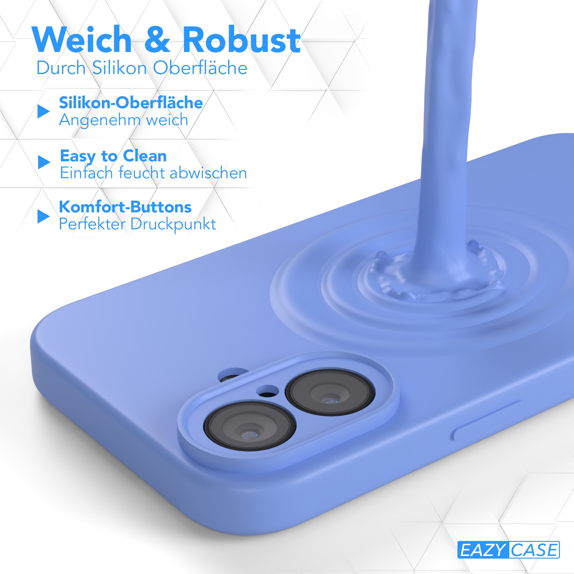 Eine blaue Handyhülle, auf die Flüssigkeit gegossen wird. Die Hülle hat Kameralöcher.