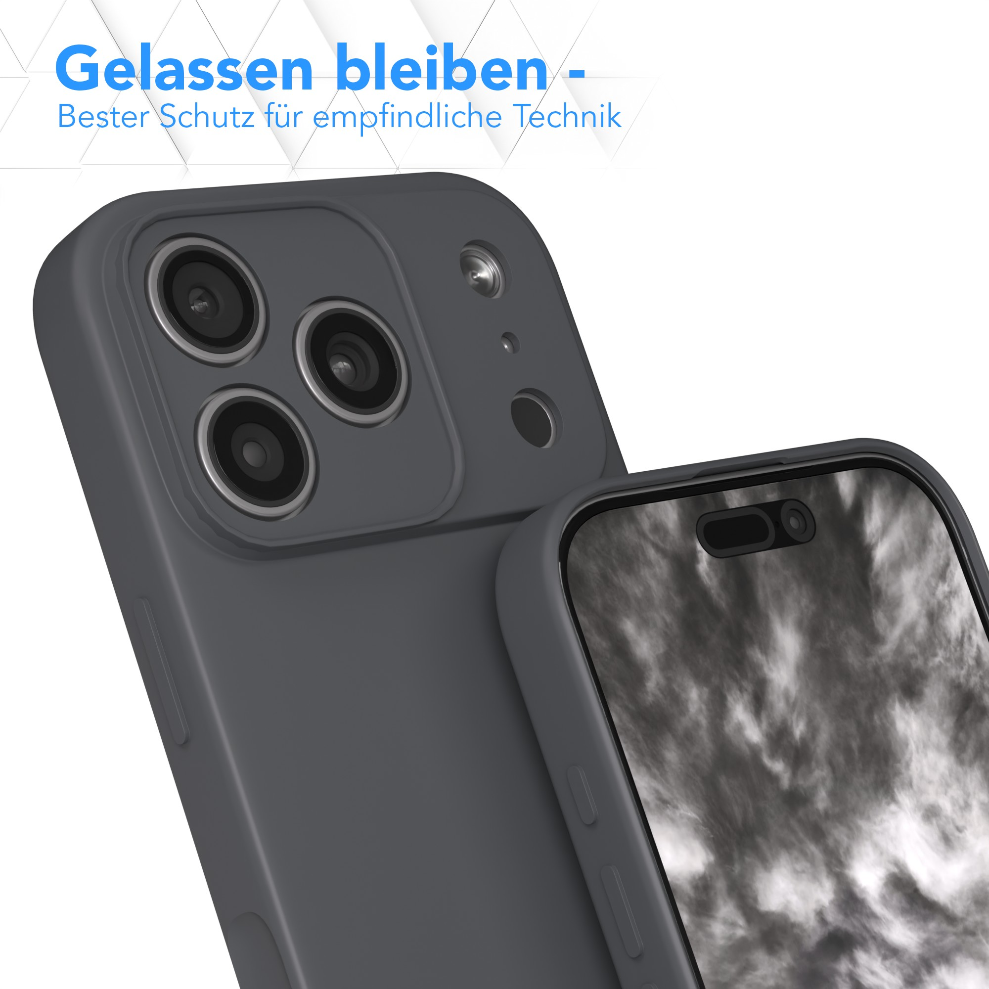 Zwei graue Smartphones, eines mit mehreren Kameralinsen, das andere mit einem bewölkten Himmel. Blauer Text oben.