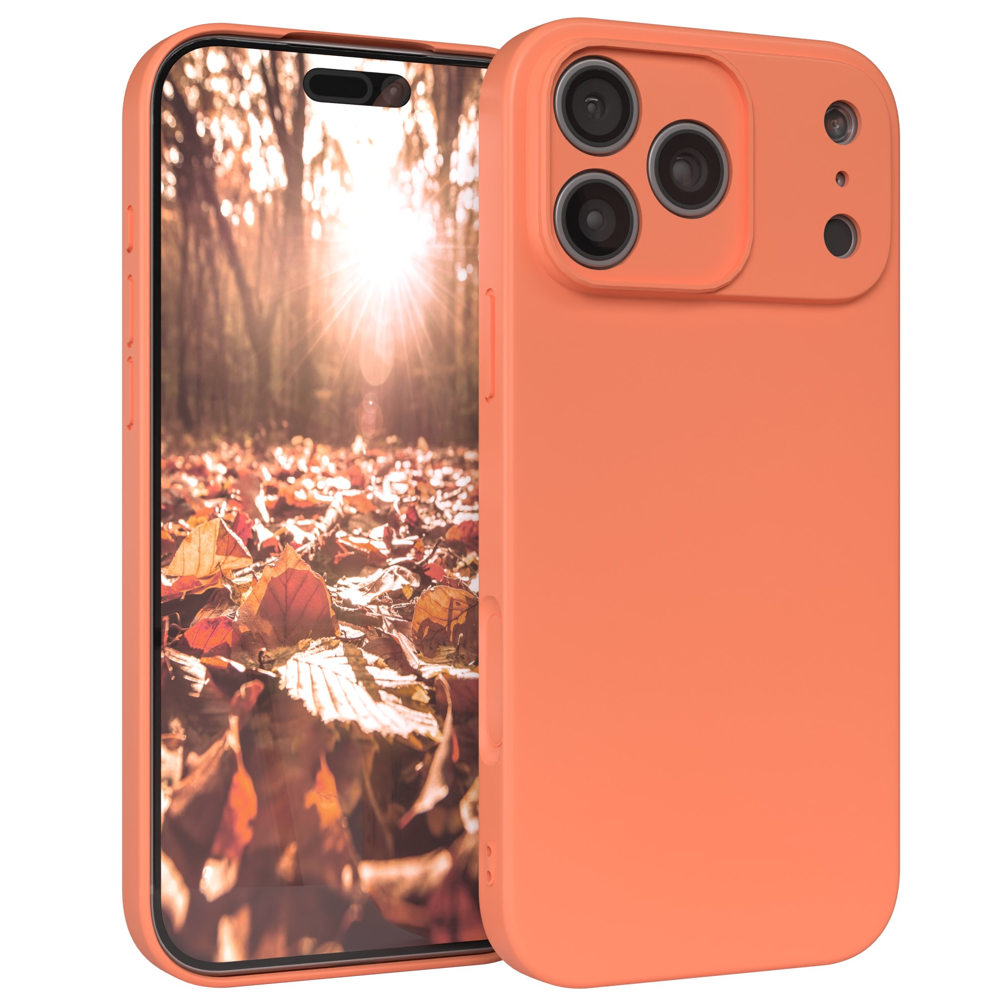 Eine orangefarbene Handyhülle mit einem Bildschirm, der eine Waldszene mit Herbstlaub zeigt, die von Sonnenlicht beleuchtet wird.
