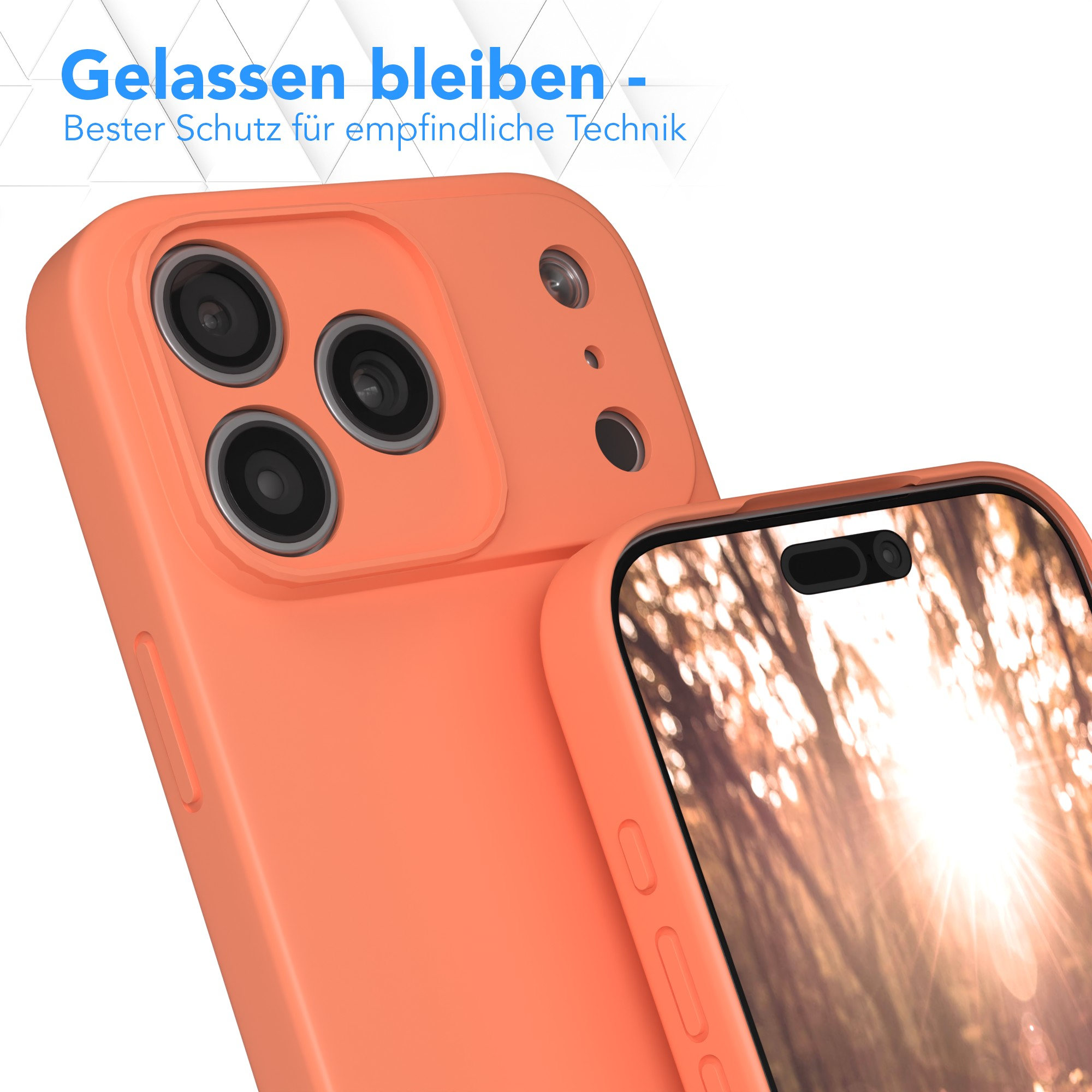 Orangene Handyhülle mit drei Kameralinsen. Ein zweites Handy mit Sonnenlicht auf dem Bildschirm.