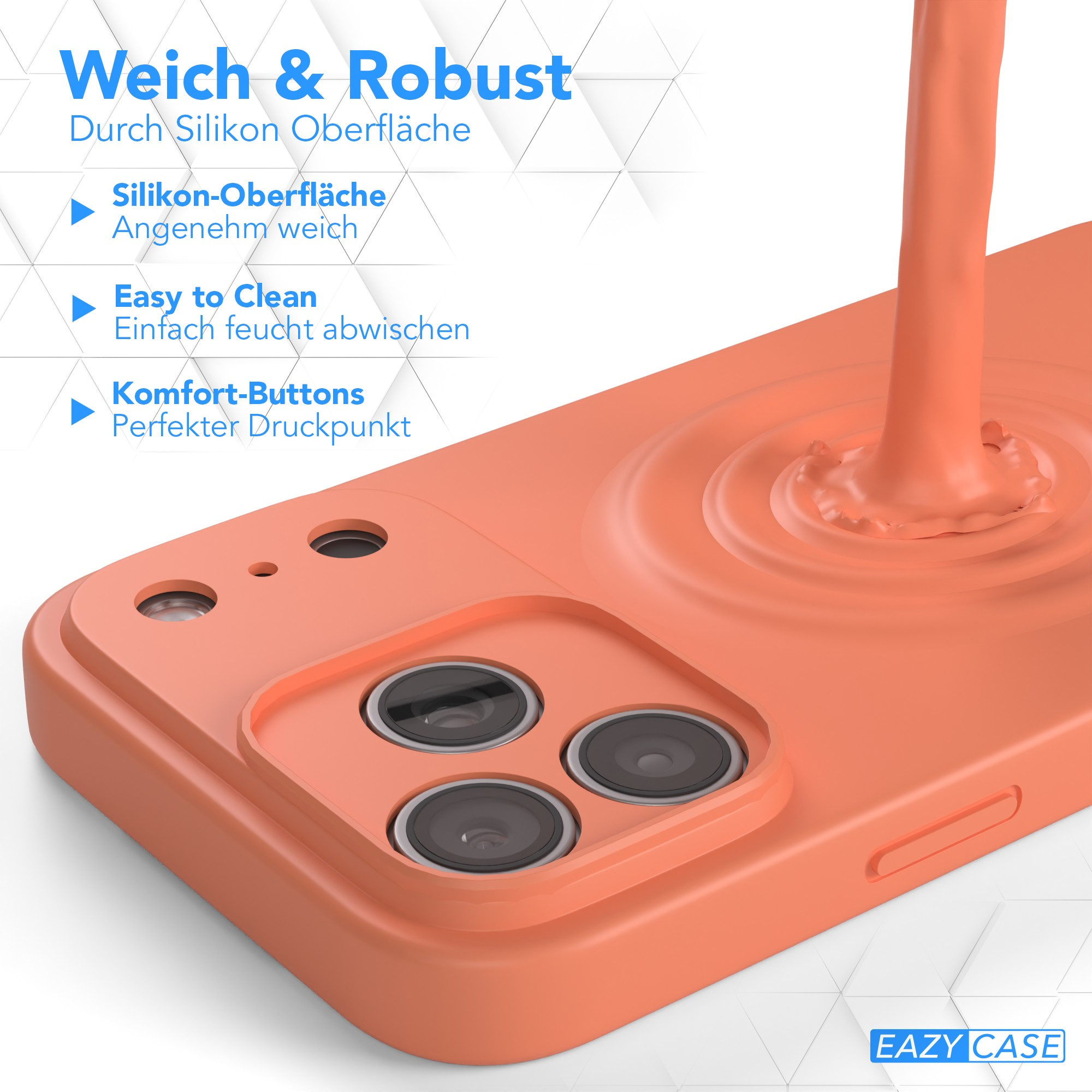 Eine orangefarbene Handyhülle mit drei Kameraausschnitten. Flüssigkeitsspritzer im Hintergrund. Text über die Hülle ist sichtbar.
