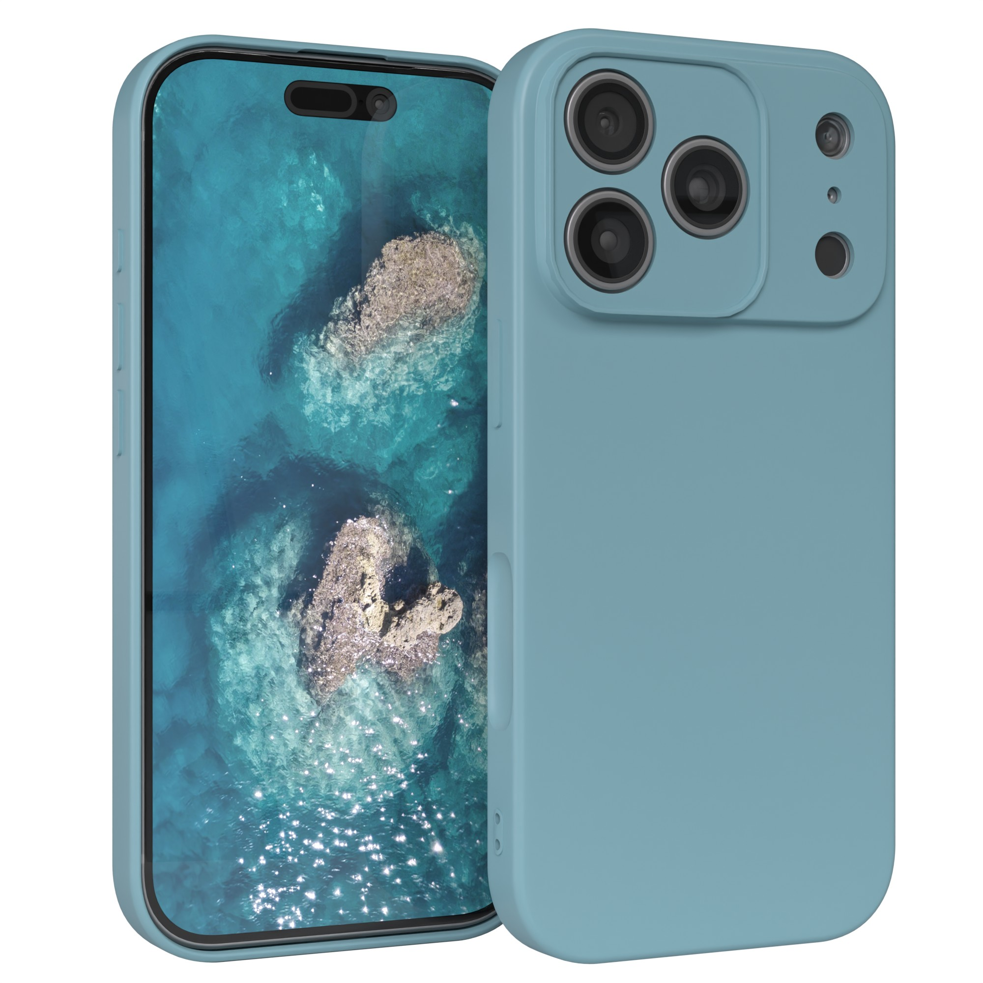 Ein Smartphone in einer blauen Hülle zeigt eine Meereslandschaft. Das Telefon hat eine Kamera mit drei Linsen.