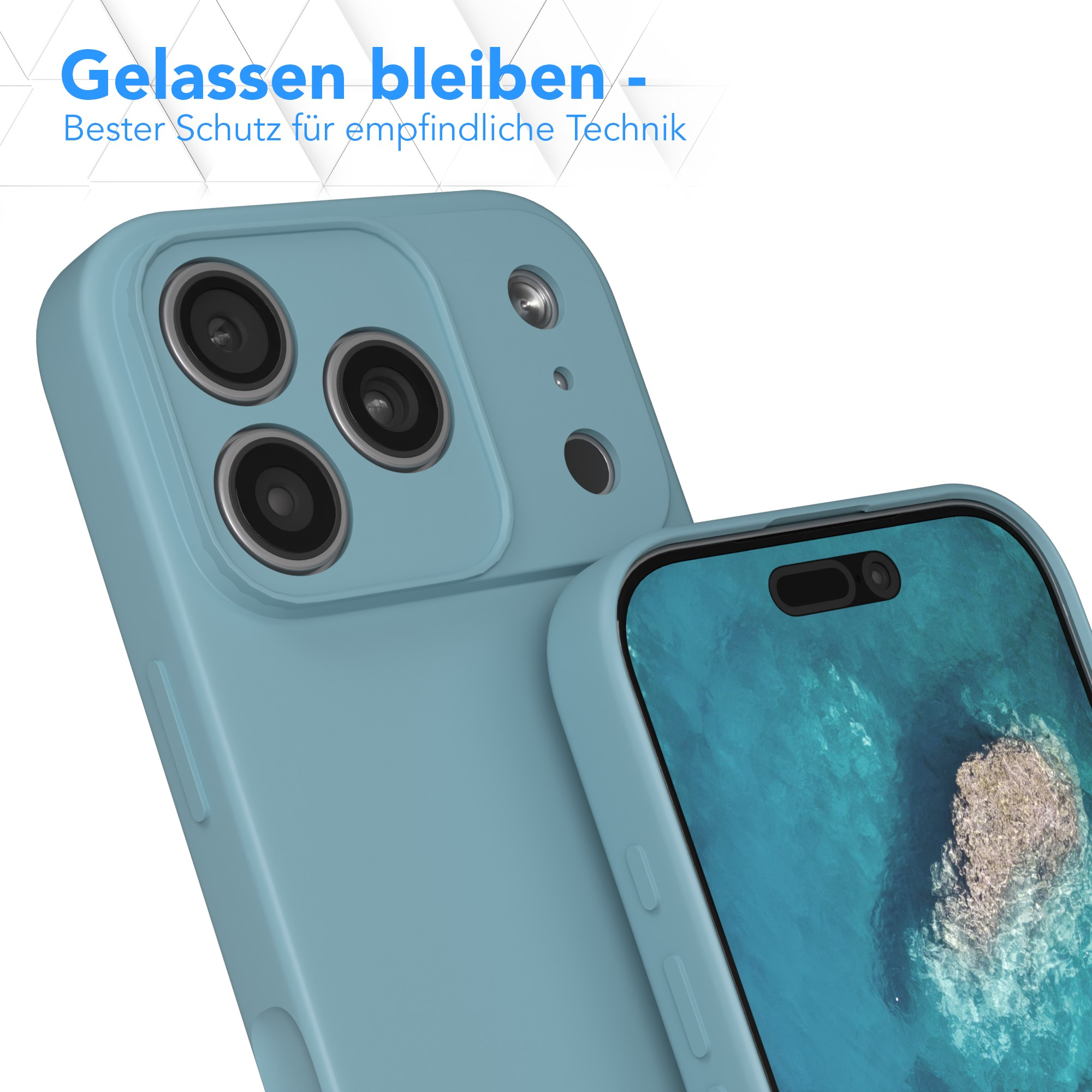 Nahaufnahme von zwei blauen Handyhüllen, eine mit Telefon, zeigt den Bildschirm mit einem Wasserbild.