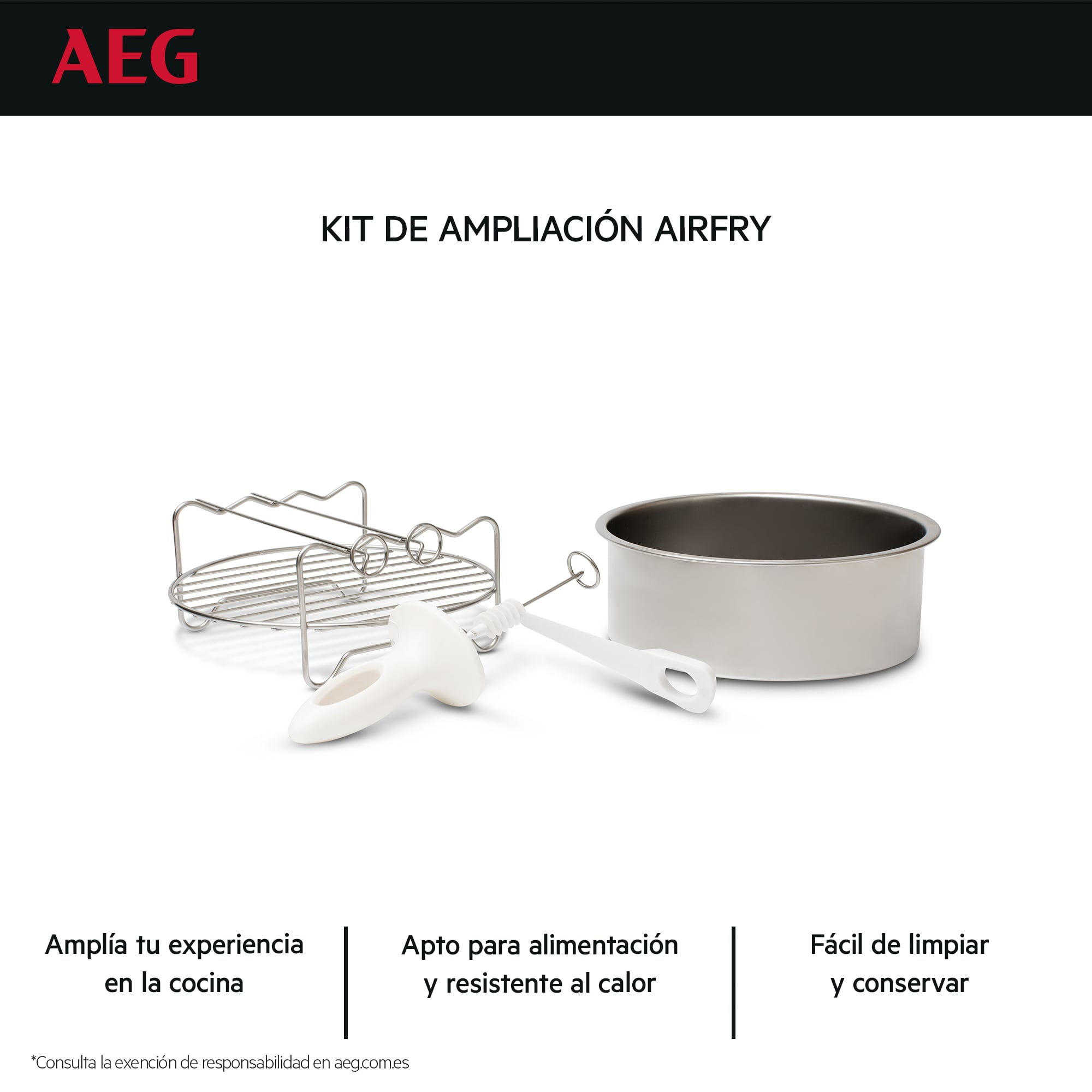 Un kit Airfryer AEG, que incluye una rejilla de metal, una olla y accesorios blancos, con texto sobre sus características.