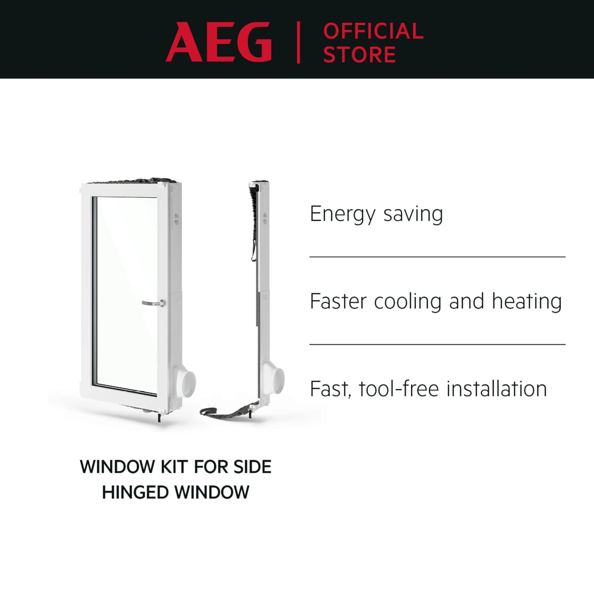 Un kit de ventana blanco con una ventana abierta a la izquierda y una parte separada a la derecha. Texto: Ahorro de energía, enfriamiento rápido.