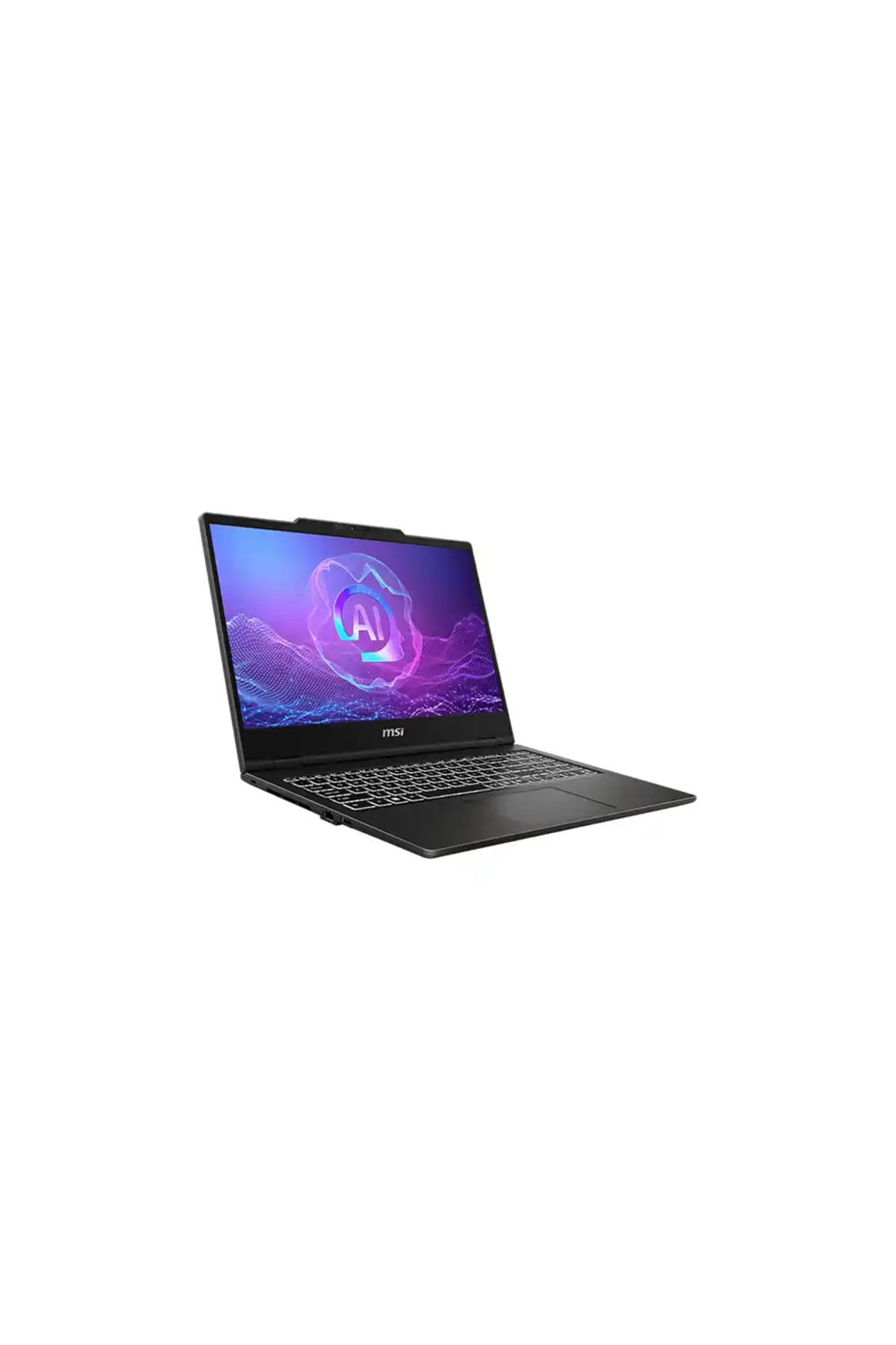 Siyah bir MSI dizüstü bilgisayar açık, ekranda bir Yapay Zeka logosu gösteriyor. Arka plan beyazdır.