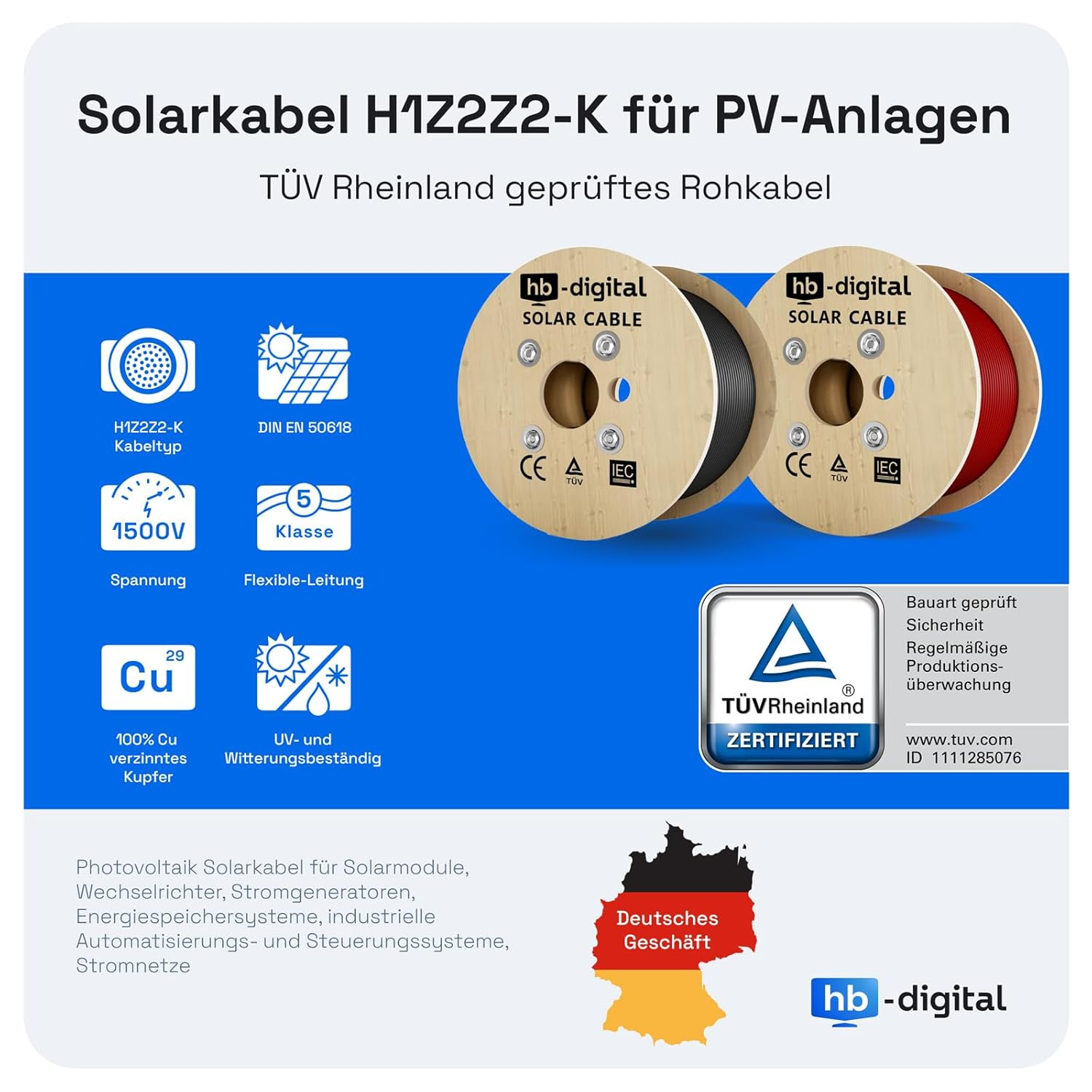 Bild zeigt Solarkabel mit Zertifizierungen, Produktdetails und deutschem Geschäftsbranding.