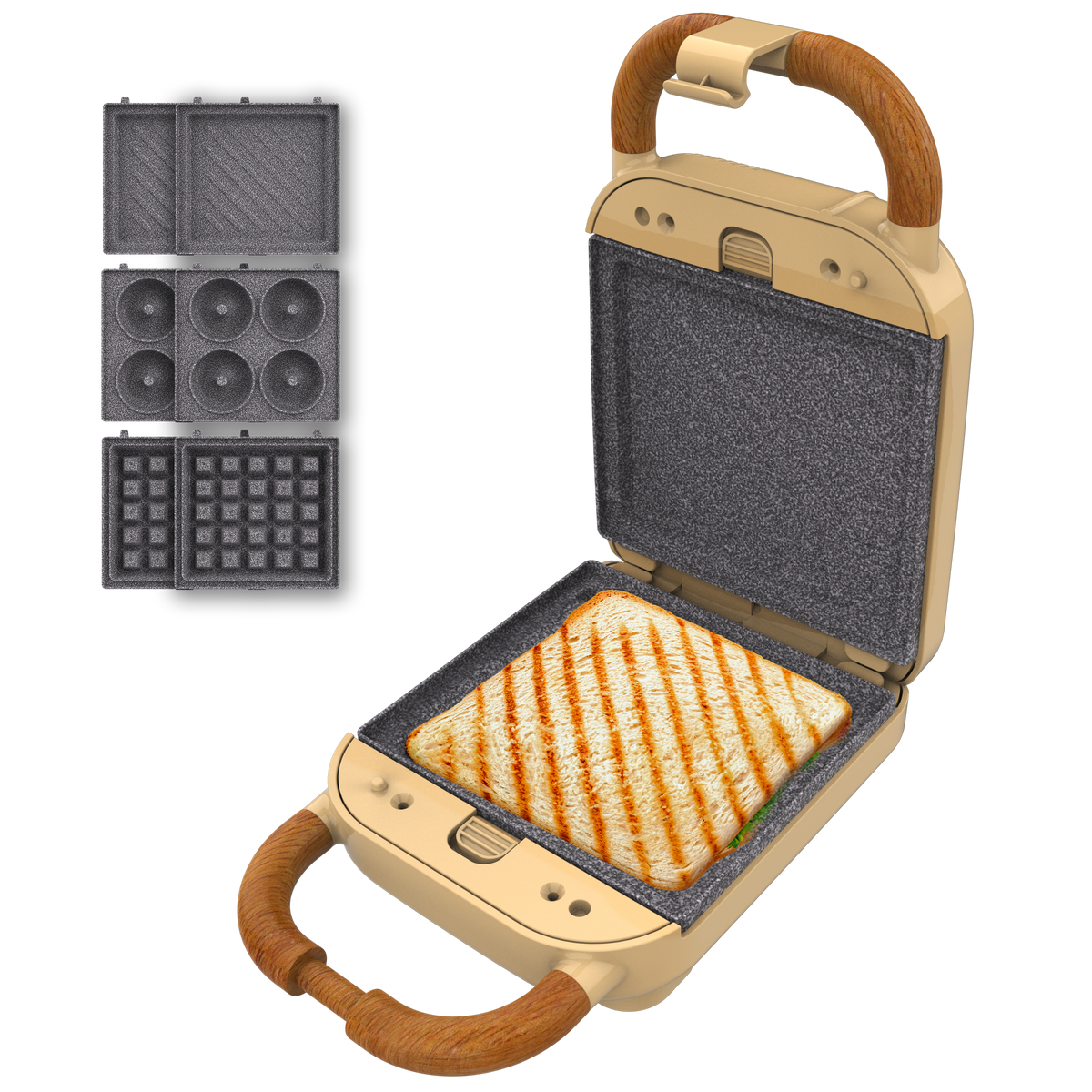 Tostadora beige abierta con pan tostado dentro. A la izquierda, tres juegos de placas intercambiables para diferentes usos.