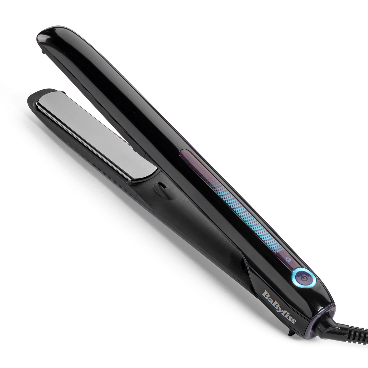 A black BaByliss hair straightener is on a white background. It's open, showing the heating plates. The power button is lit.