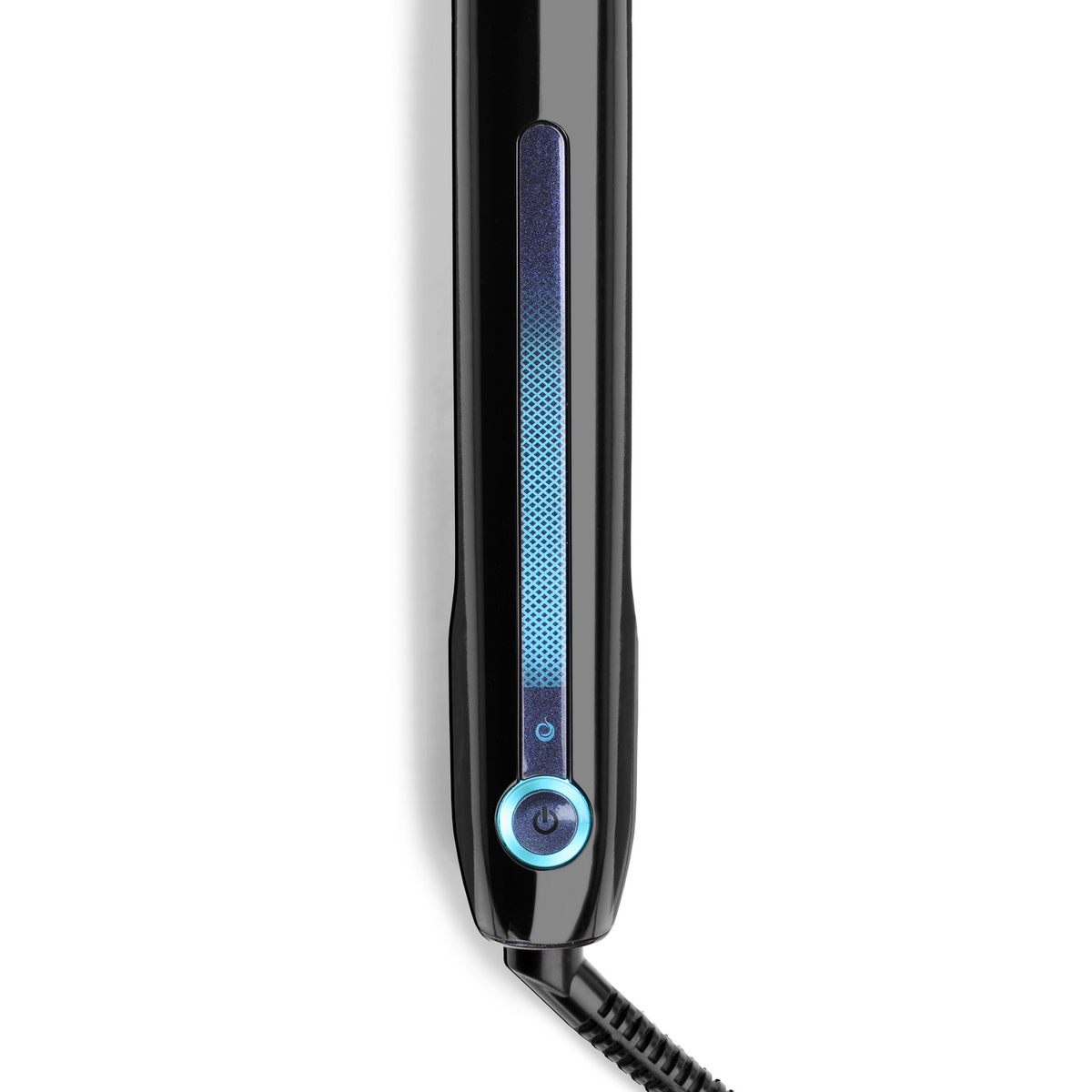 A close-up of a black hair straightener with a blue light on the side. The power button is lit blue.