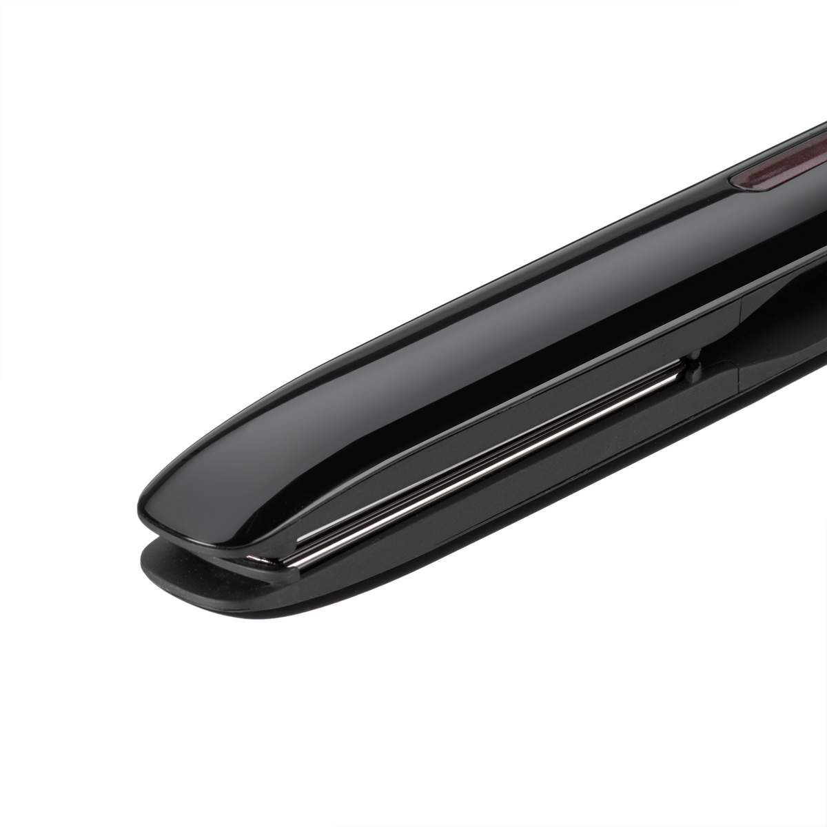 A close-up of a black hair straightener, angled towards the viewer, set against a white background.