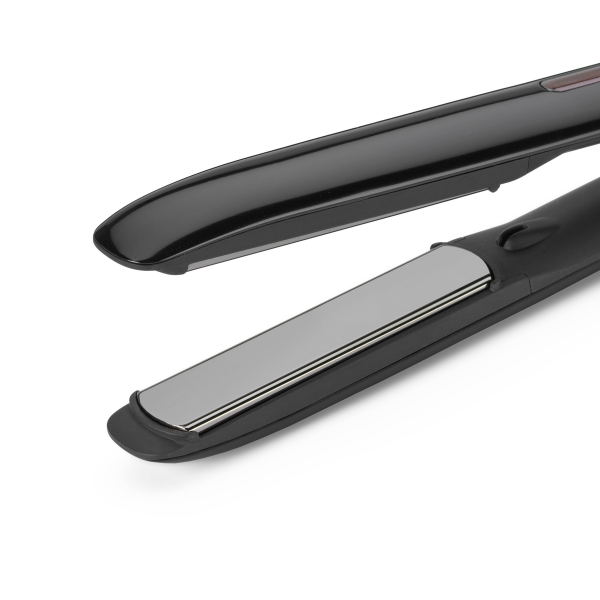 A black hair straightener, open, angled on a white background. The plates are silver. Top section is open and visible.